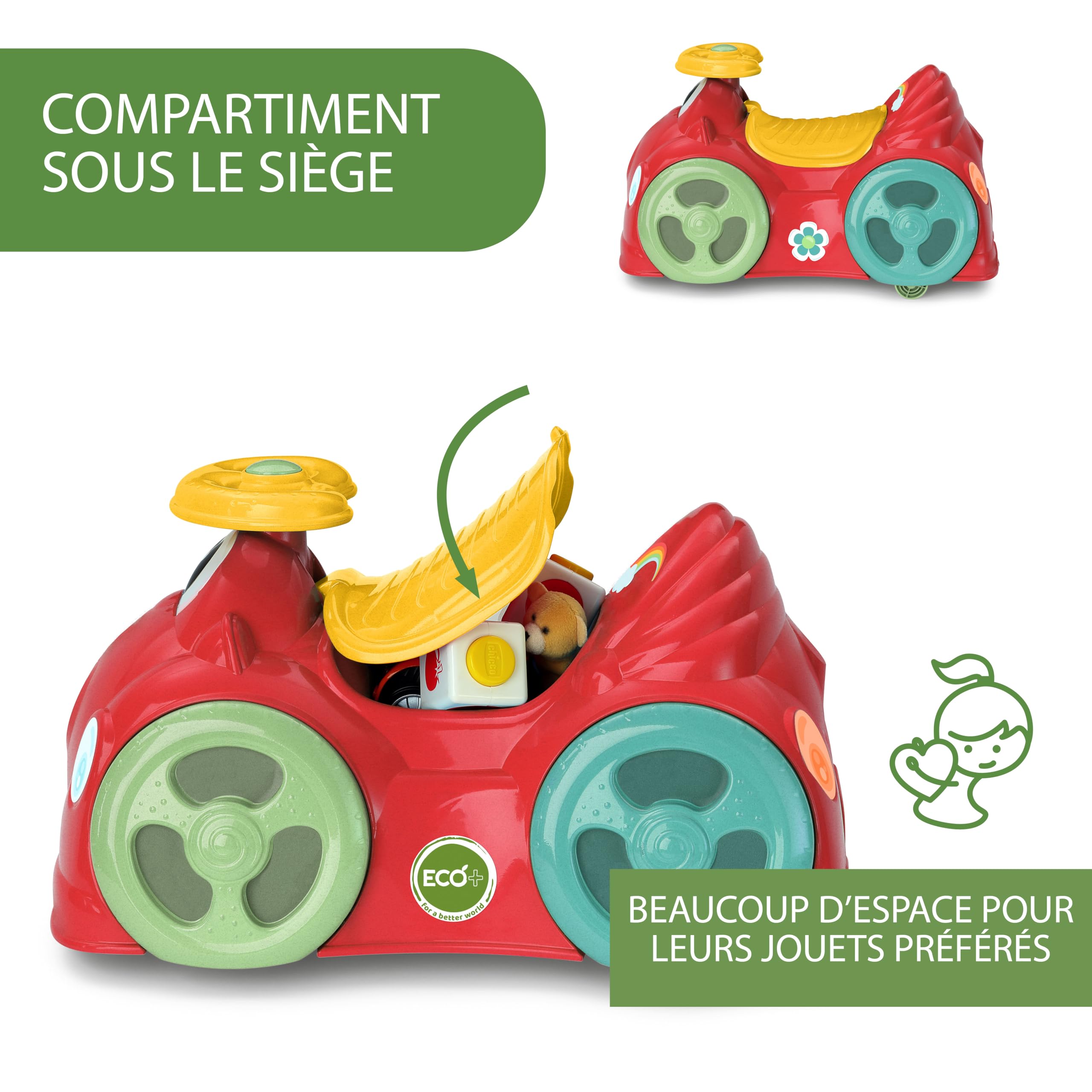 Chicco All Around Eco+ Czerwony, Samochód do Jeżdżenia dla Dzieci od 1 do 3 lat, 75% Plastiku Pochodzącego z Recyklingu, maks 20 kg