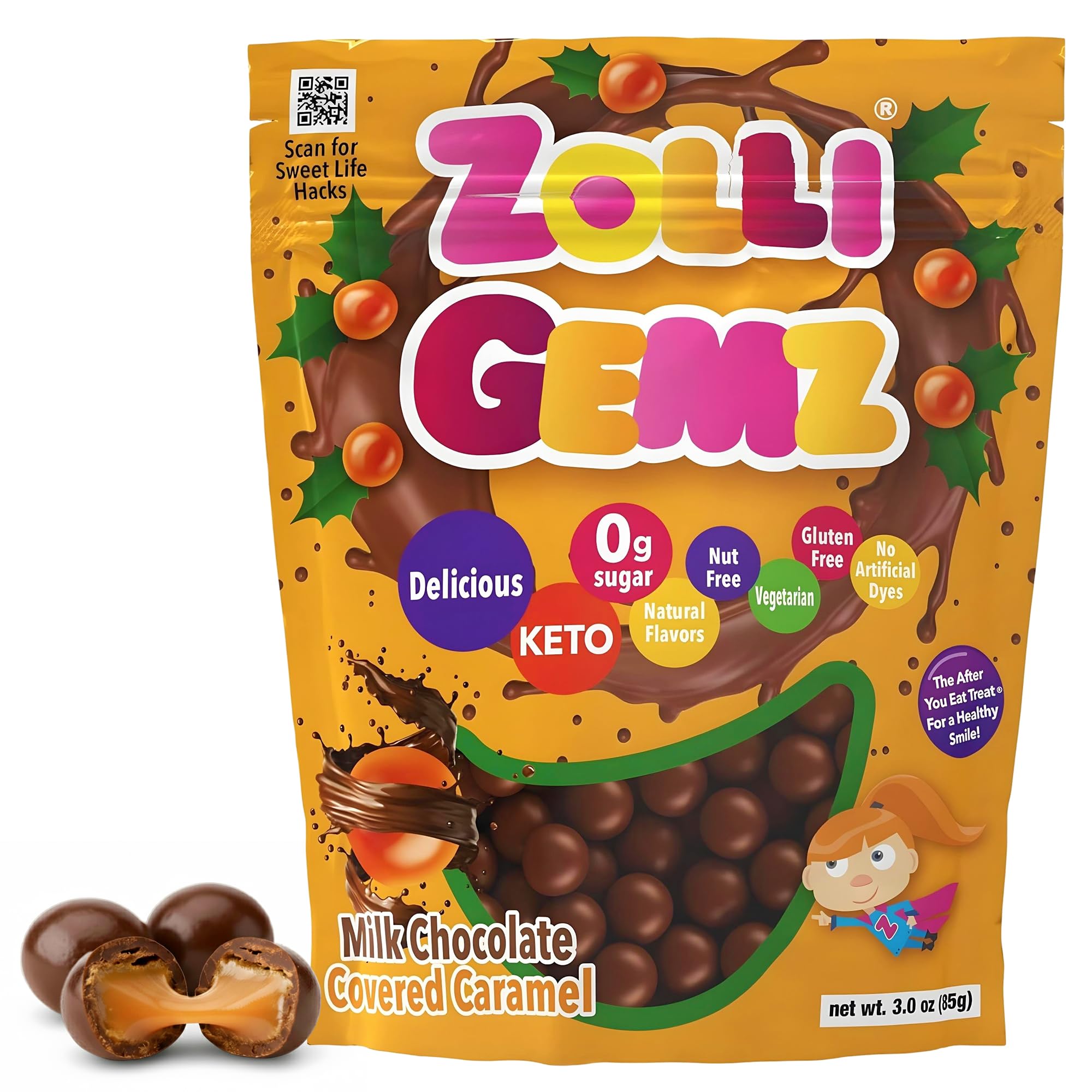 Zolli Gemz Caramel in Milk Chocolate, Sugar-Free Candy, Keto & Diabetic-Friendly Healthy Candy, Dentist-Approved Treats for Kids, 3 oz
