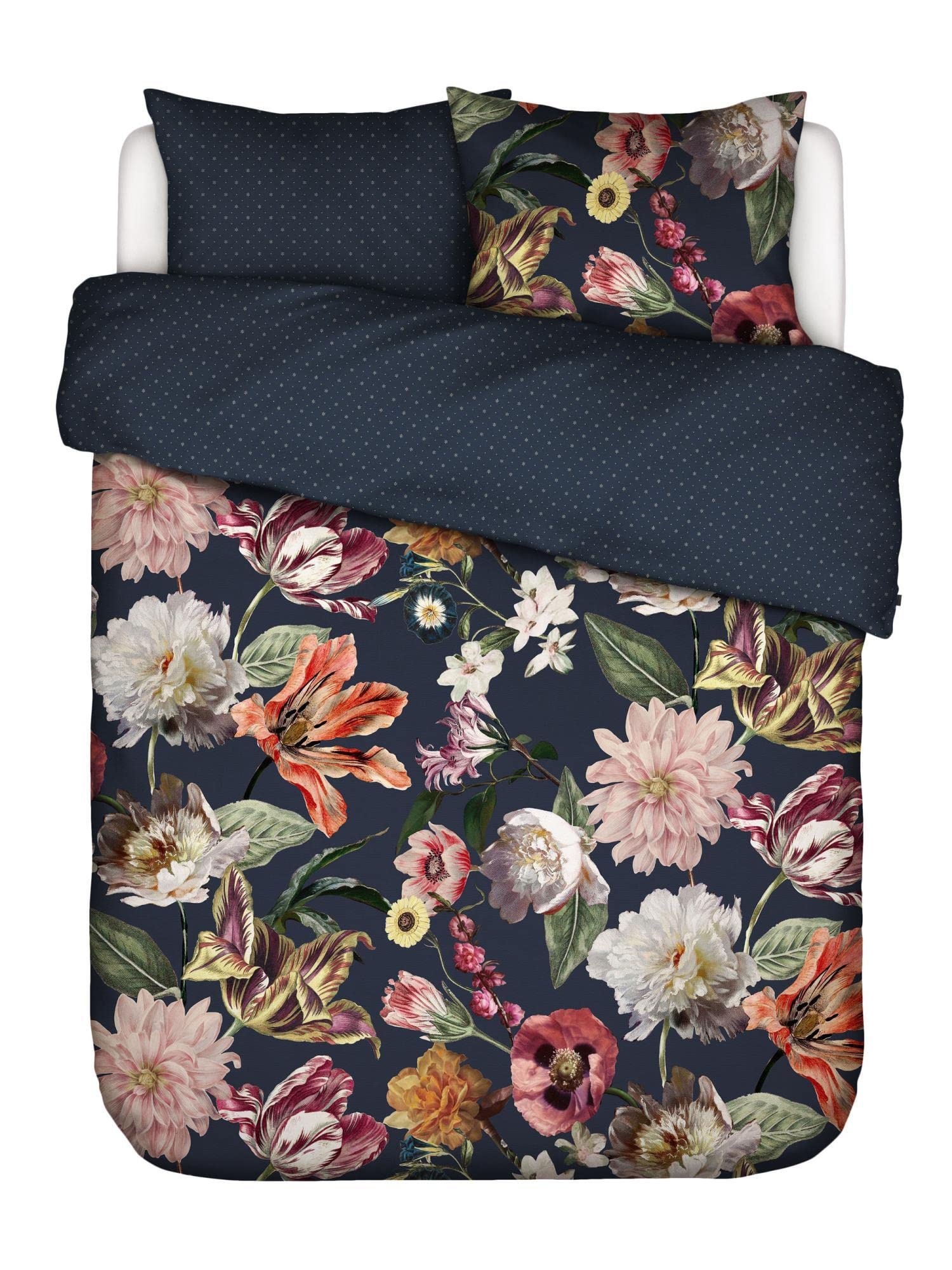 ESSENZA Bettwäsche Filou Dunkelblau Blumen Blüten Floral Geblümt Sterne Satin, Größe:200 cm x 200 cm