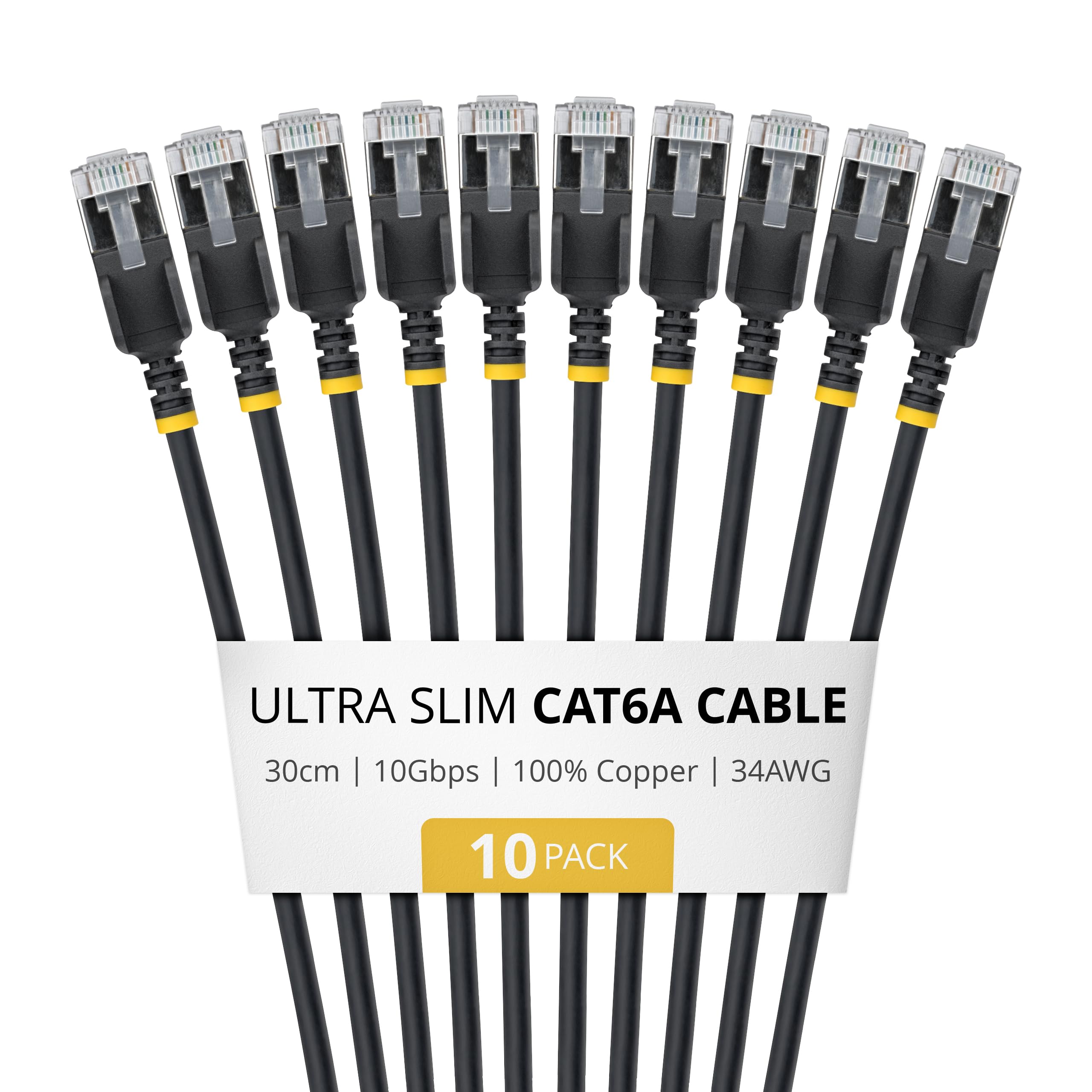StarTech Cavo Ethernet Cat6A Ultra Slim Nero 30cm, Snagless, FTP, Rame Puro, Patch di Rete RJ45 Ultra Sottile 34 AWG, Testati Singolarmente, Confezione da 10