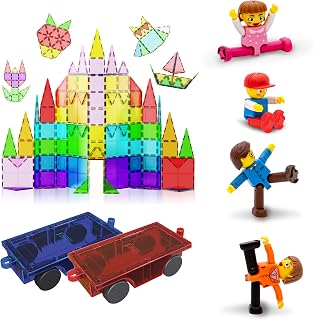 PicassoTiles 100PC Magnet Tiles + 2 Cars + 4 Family People Action Figures Expansion Bundle: STEAM Educational Playset for Creative, Fun and Learning Construction Play, Pretend Play Toy for Kids