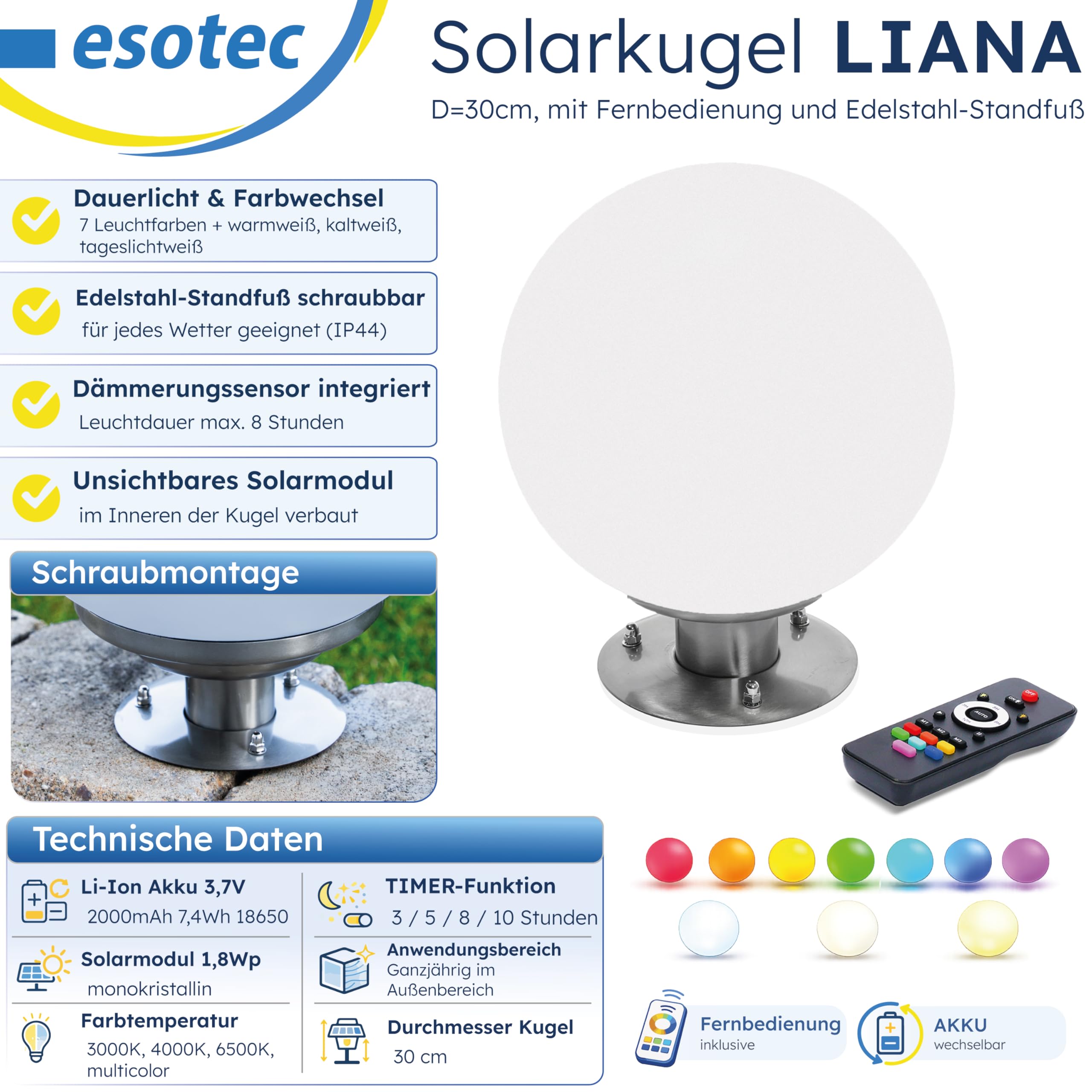 Esotec Solar Leuchtkugel Solarkugel Garten Liana 30 Edelstahlfuß 102663