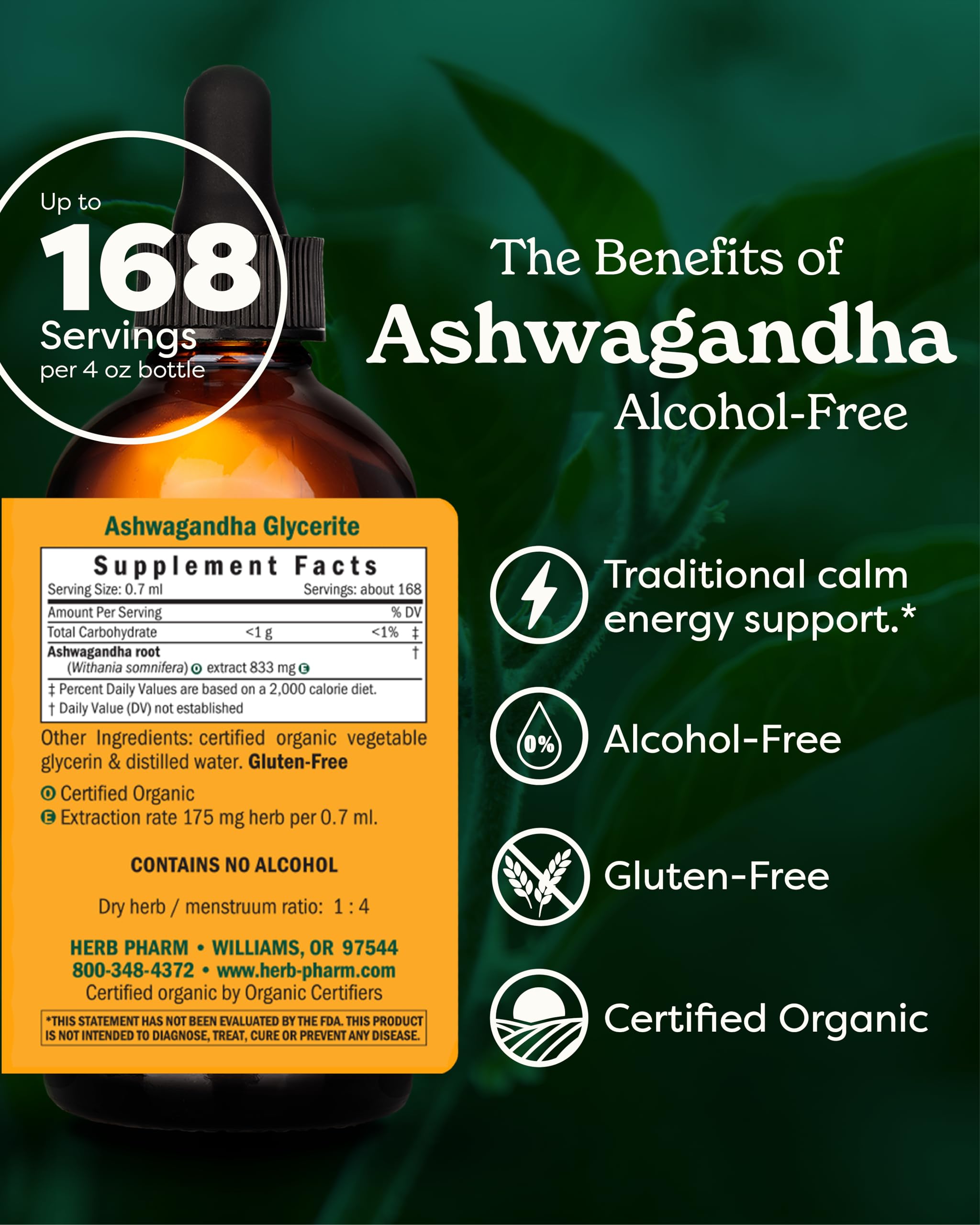 USDA Organic Ashwagandha Supplement for Stress Relief & Calm Energy*: Vegan Adaptogen Drops, Non-GMO Ashwagandha Extract, Alcohol-Free, 4 Oz | Up to 3 Months Supply