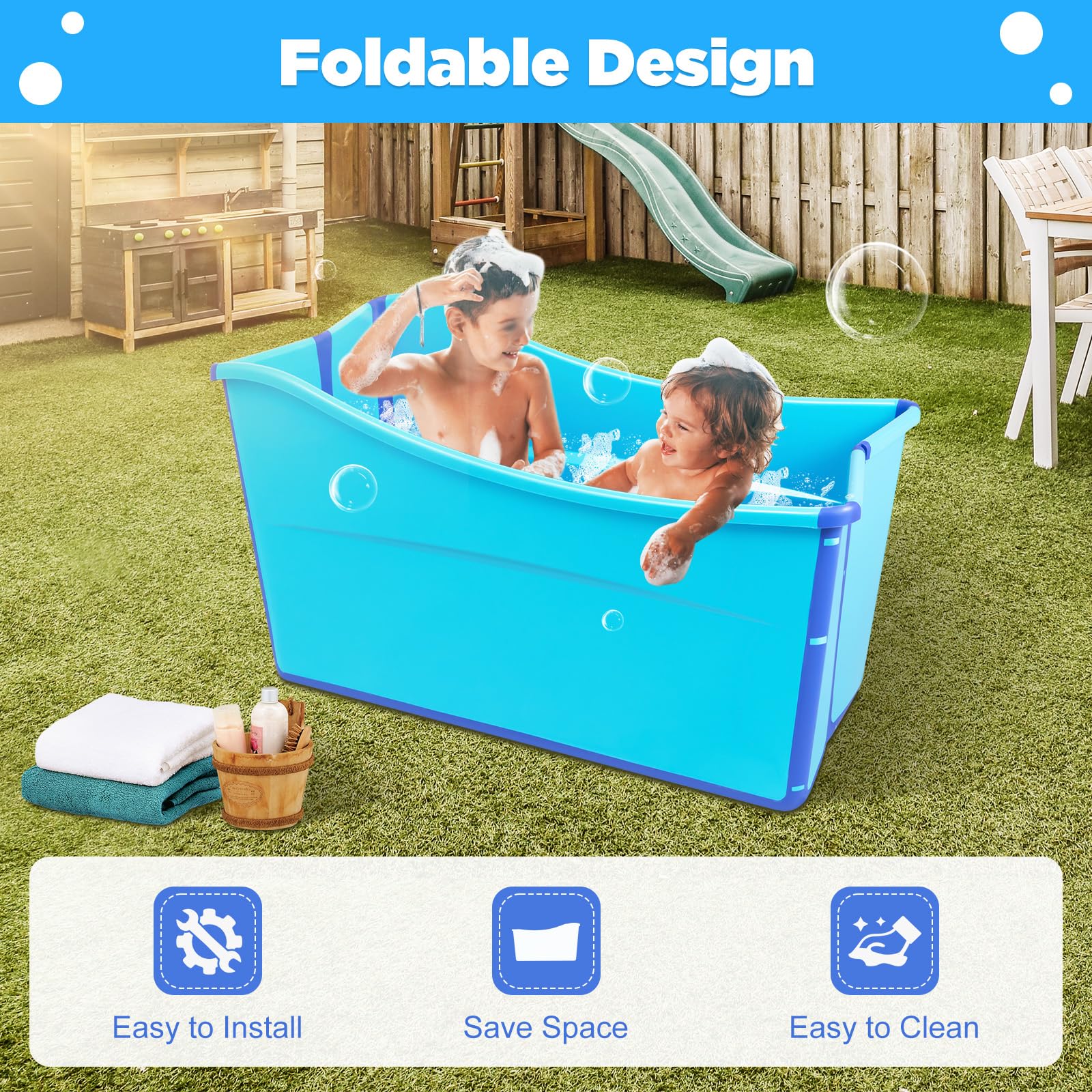 Vasca da bagno pieghevole per adulti, vasca da bagno mobile pieghevole, costruzione leggera, robusta, facile da riporre, grande vasca da bagno per la doccia SPA, blu