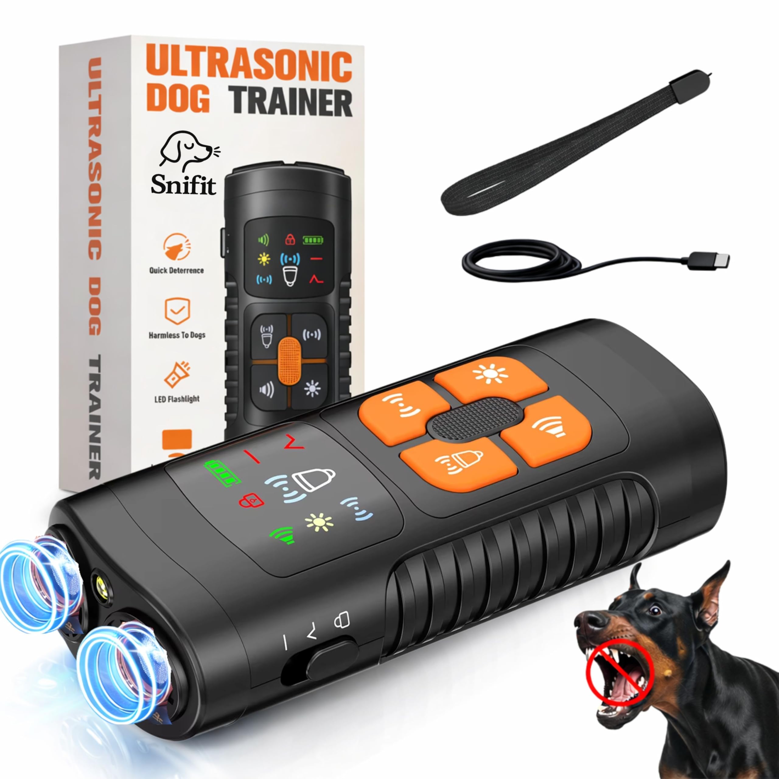 Ultraschall-Anti-Bell-Gerät für Hunde mit 2 Strahlern, 15–30 kHz Frequenz, 4 Modi (Sound/Ultraschall/Taschenlampe), wiederaufladbares 1200 mAh Hand-Bell-Abschreckgerät mit LED und 7 m