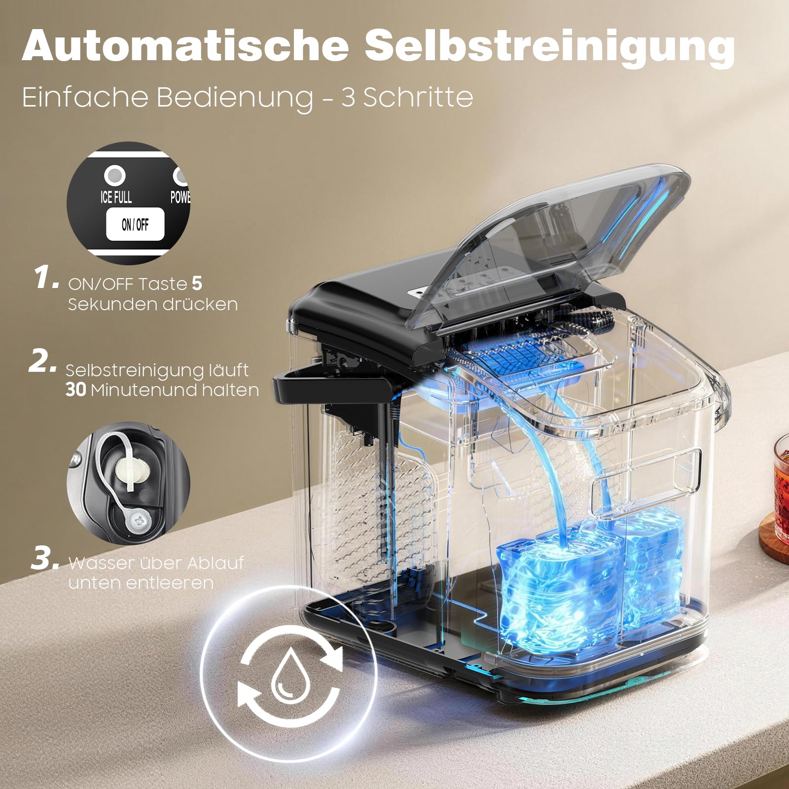 Máquina de cubitos de hielo – 8 cubitos de hielo en 6 minutos (12 kg/24 h), autolimpieza y silenciosa, 2 tamaños de cubitos de hielo, máquina de hielo portátil para cocina, fiesta, camping y