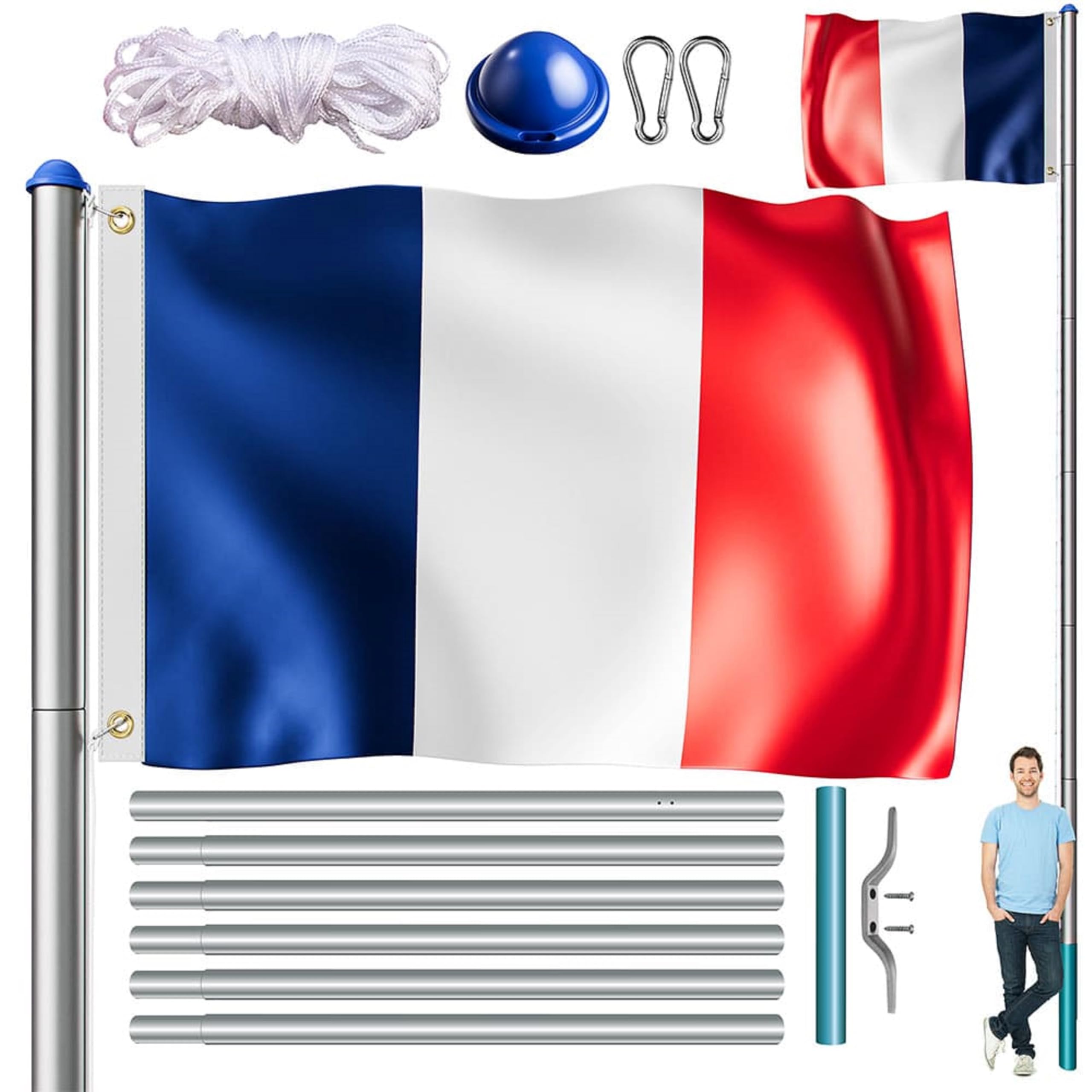 MONZANA® Mât de Drapeau Télescopique en Aluminium 6,5m - Cordelette de Hissage avec Douille de Sol, Réglable en Hauteur pour Jardin France