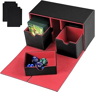 Deck Box for MTG Cards For 200 Pcs Card Sleeves, Commander Card Deck Box with 2 Dividers Compartments Fits 200+ Sleeved Cards, Card Storage Box PU Leather Strong Magnet Card Deck Case for TCG CCG