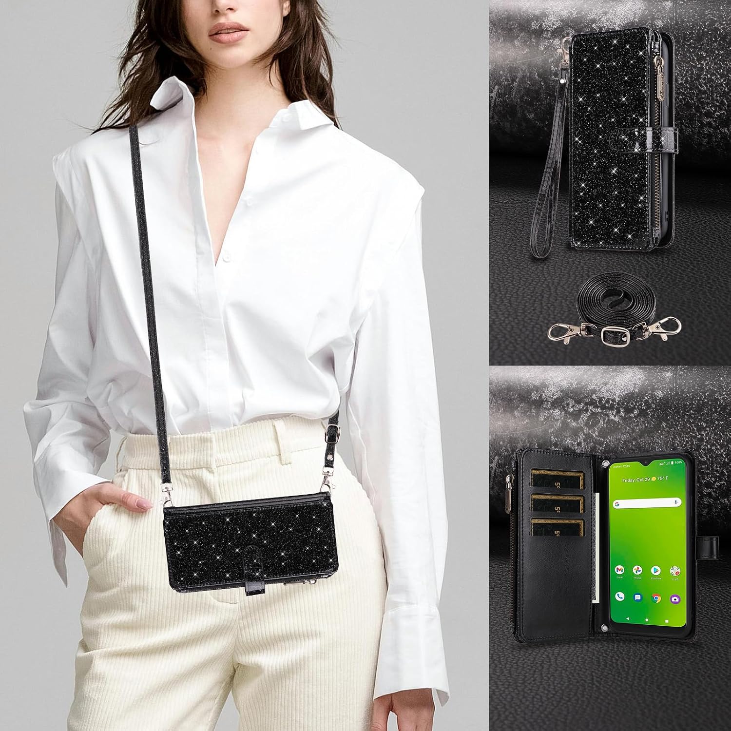Asuwish Phone Case for Cricket Dream 5G/AT&T Radiant Max 5G Wallet Stand Slot Cell Cover with Tempered Glass Screen Protector Strap Bling Glitter Zipper Flip Credit Card Holder ATT G5 6.8 Women Black