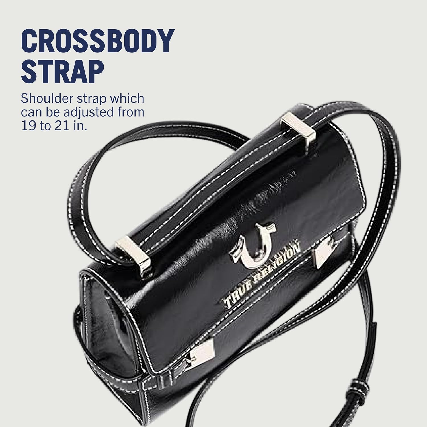 True Religion Crossbody Bag, Buckle Tab Flap Purse with Contrast Stitching, Multi-Compartment Interior and Silver Hardware, Black - Image 4