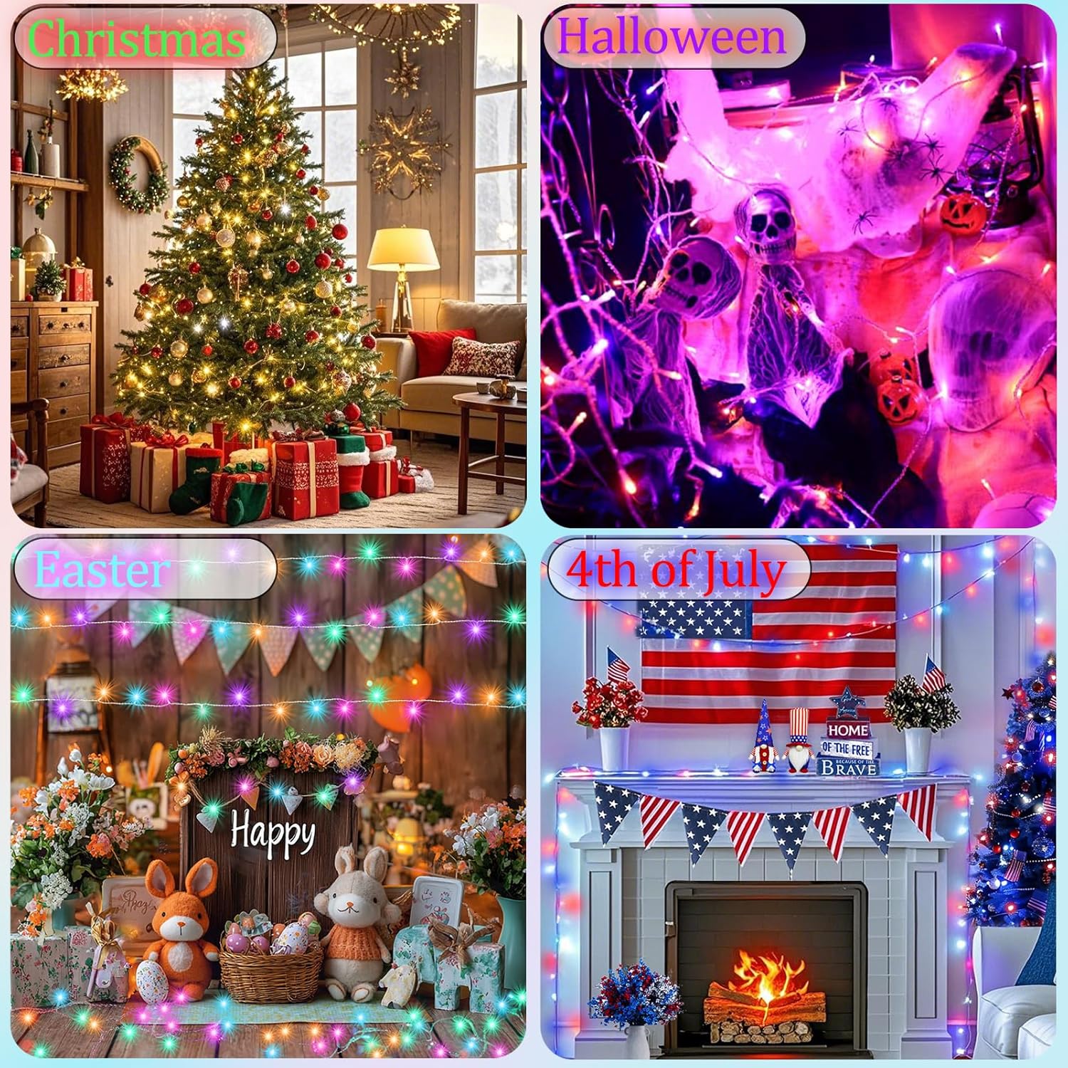 Pooqla 4-Pack Color-Changing String Lights, 66.6ft 200 LED with Remote, 34-Color Twinkle Lighting for Indoor Outdoor 4th of July Patriotic Decor