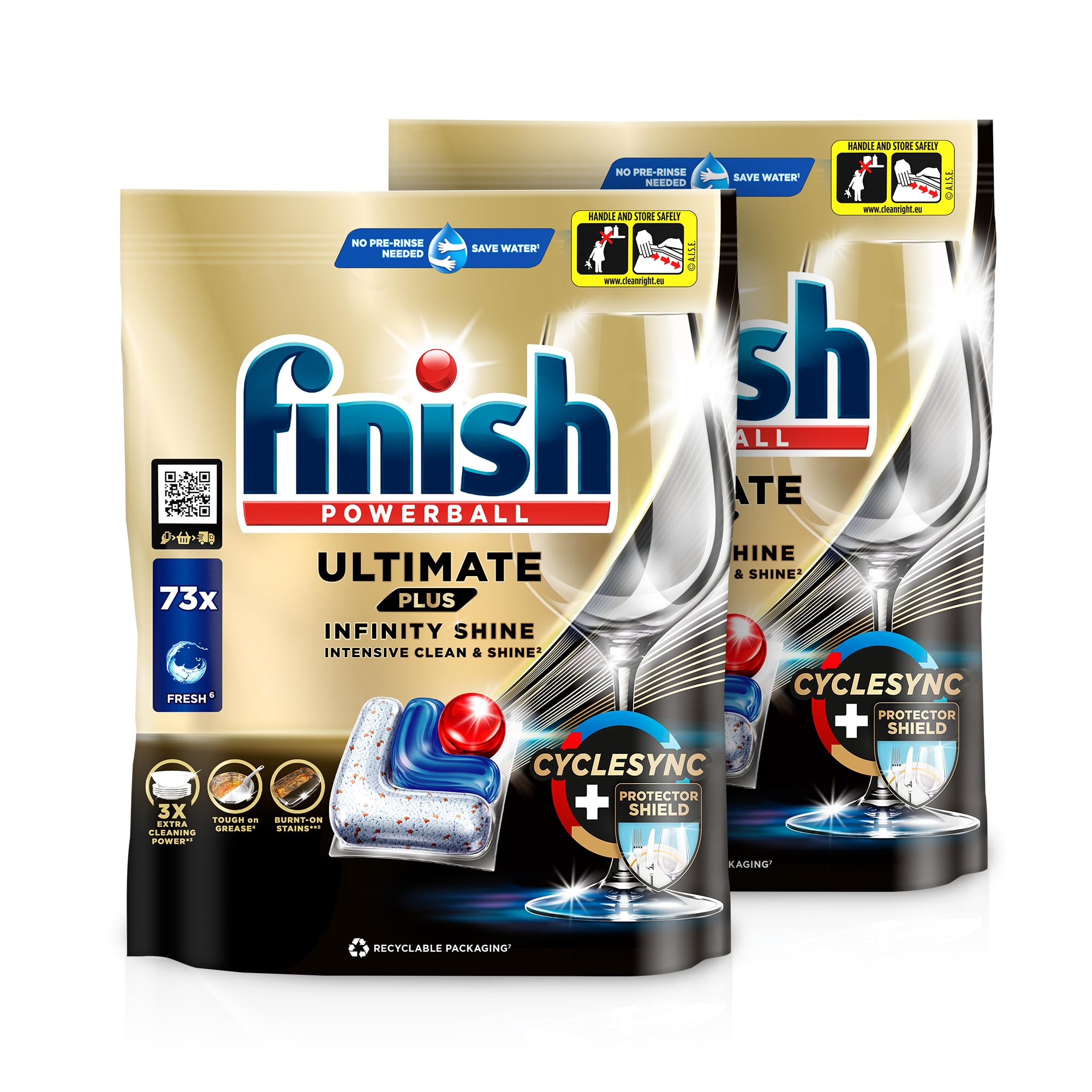 Finish Ultimate Plus Infinity Shine Spülmaschinentabs, Geschirrspültabs für intensive Reinigung, Fettlösekraft und Glanz mit Schutzschild, 2 x 73 Finish Caps
