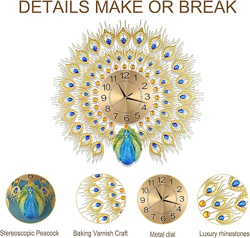 Miniatura 4 de Gran reloj de estilo pavo real para pared, silencioso, no hace tictac, digital, artístico, para decorar la sala o una habitación, de 23.7 pulgadas,