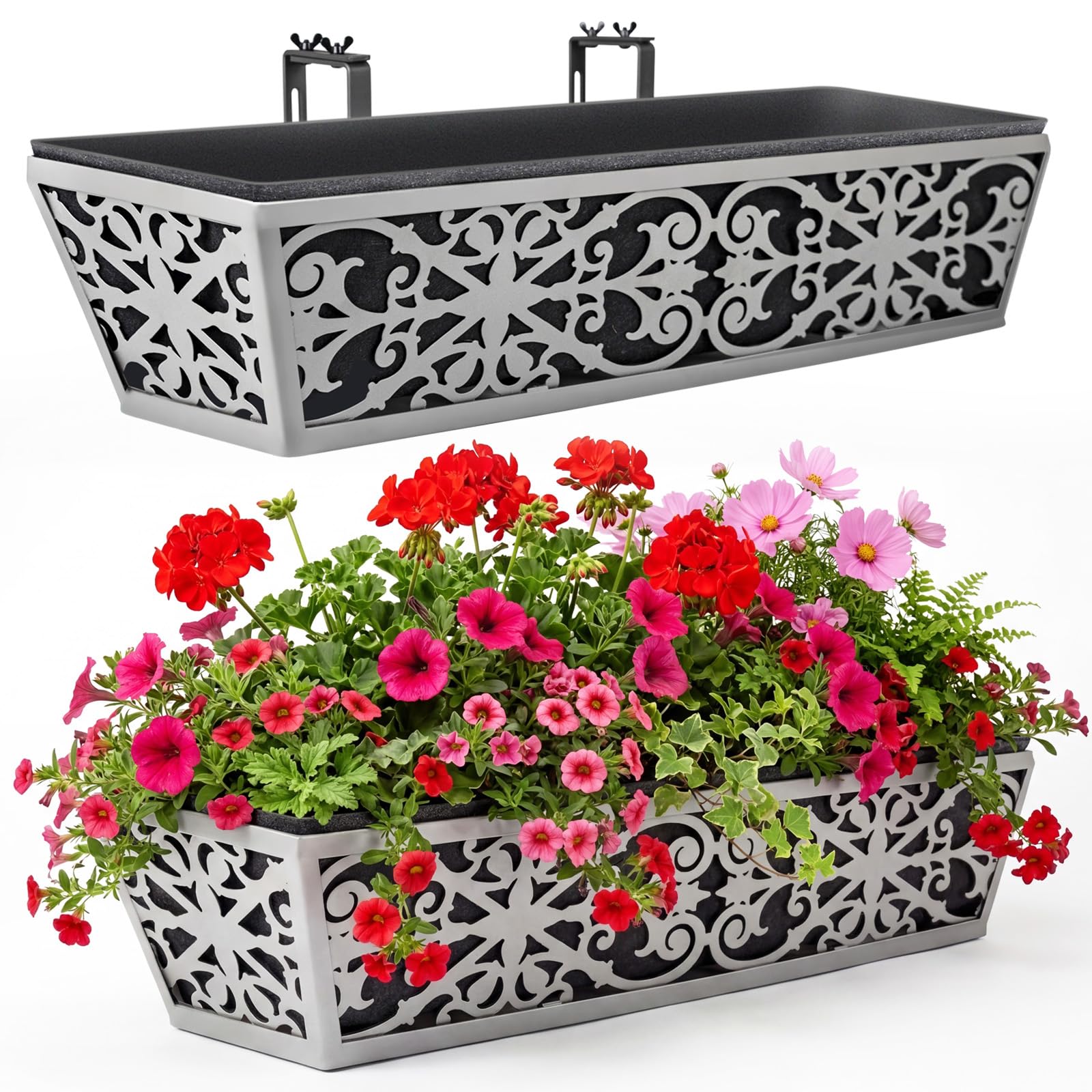 Photo 1 of 2 Pack 24 Inch Window Boxes Planter for Outdoor Plants Deck Railing Planters Box with Adjustable Brackets for Porch Fence Balcony Hanging Flower Baskets with Non-Woven Fabric Liner for Garden Decor