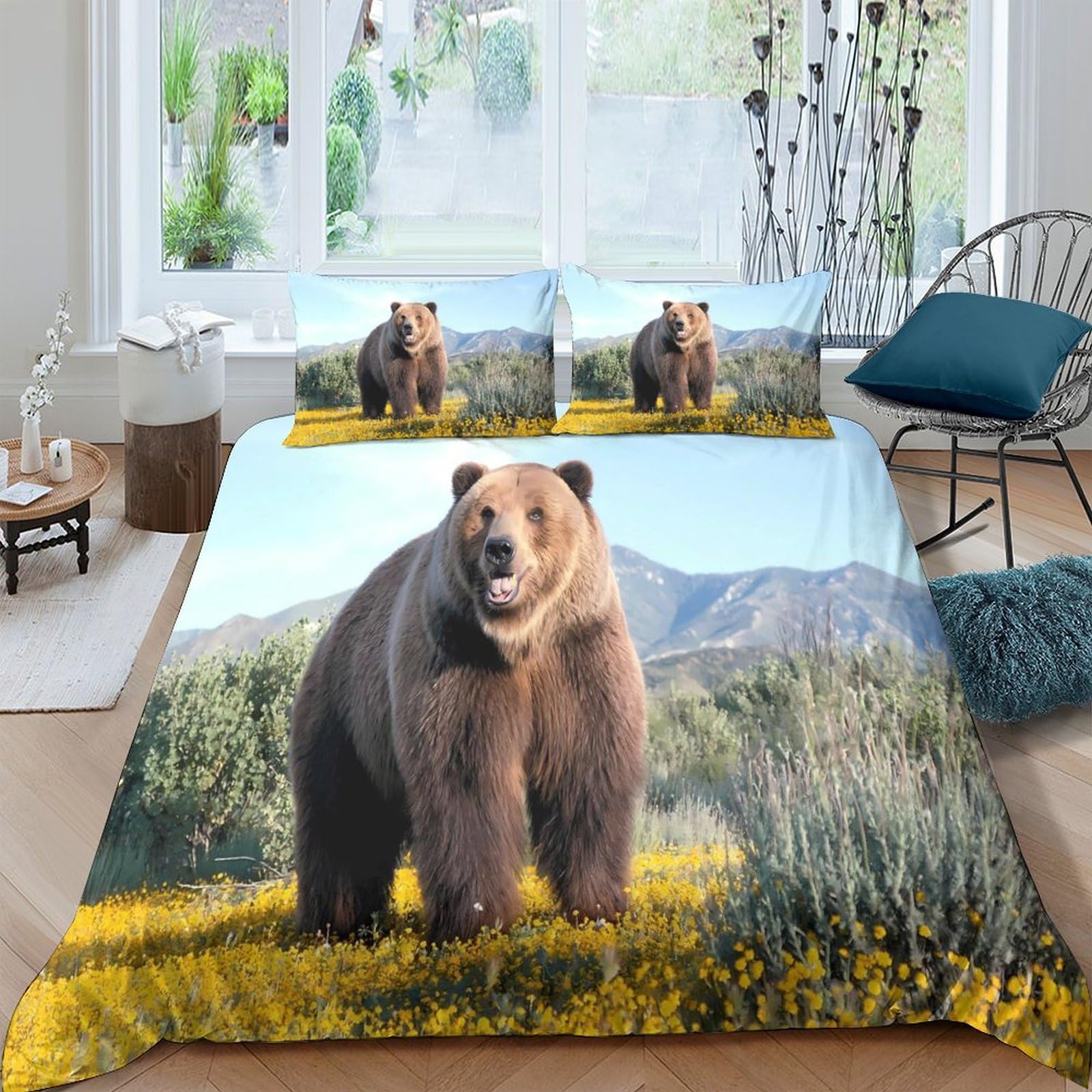 Ctjqhvkz Style-3 3D Printed Brown Bear Meadow Fitted Sheet Microfiber Soft Breathable Mountain View Mattress Cover For Bedroom Dorm Decor Single（135X200cm）