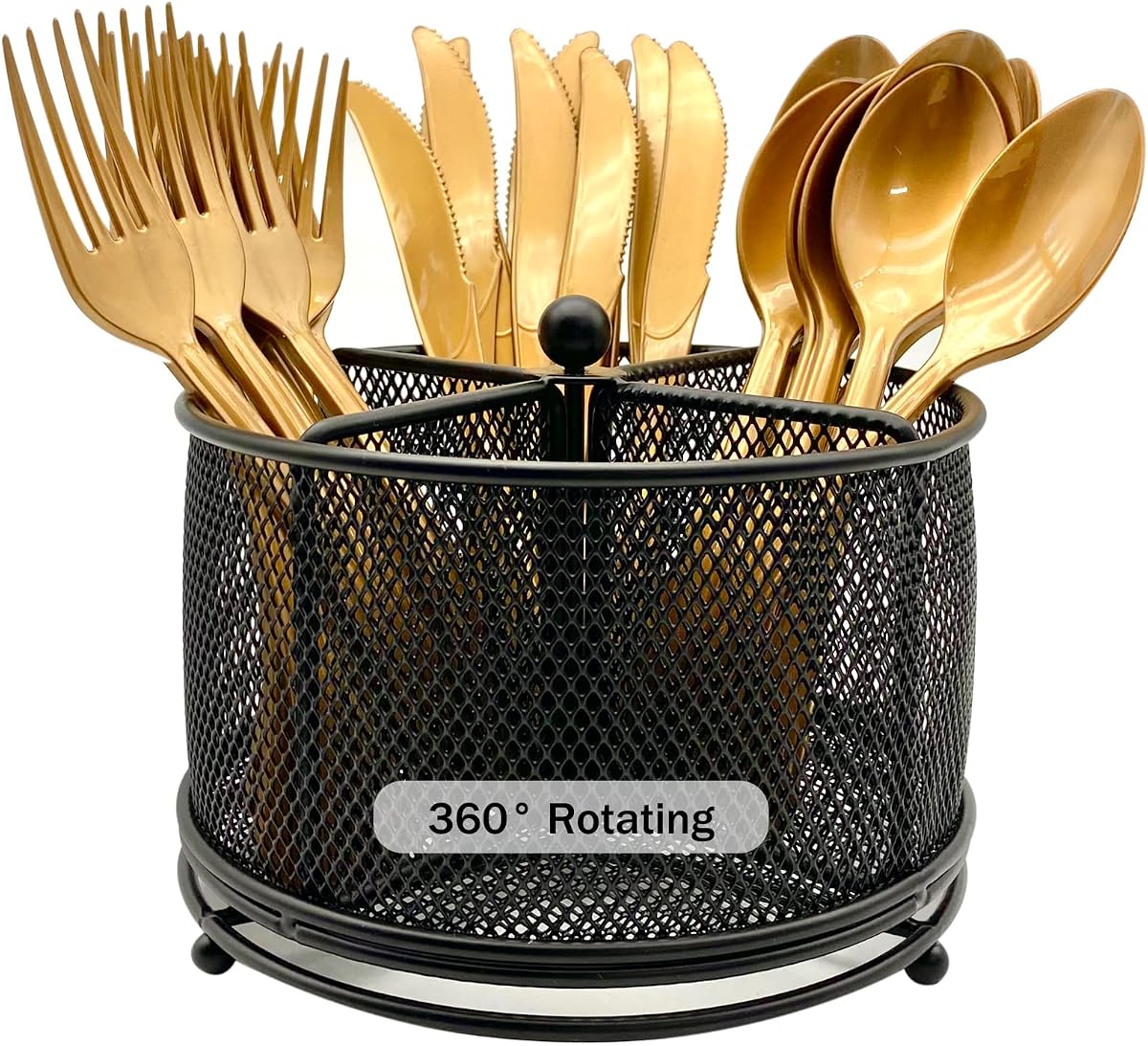 DysanVica Carrito para utensilios de metal giratorio de 360°, 4 compartimentos, soporte para cubiertos, tenedor giratorio, cuchara, organizador de servilletas, cesta de almacenamiento para cubiertos, fiesta, encimera, buffet, picnic, camping, al aire libre, negro