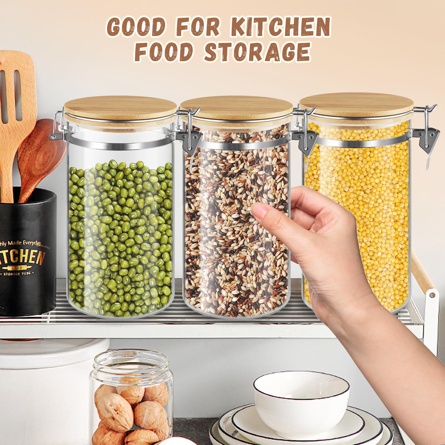 Set di 2 barattoli in vetro con coperchio in bambù, vuoti, con morsetto di bloccaggio, contenitori da cucina in vetro, per chicchi di caffè, zucchero, tè, spezie e altro (1250 ml/4 oz)