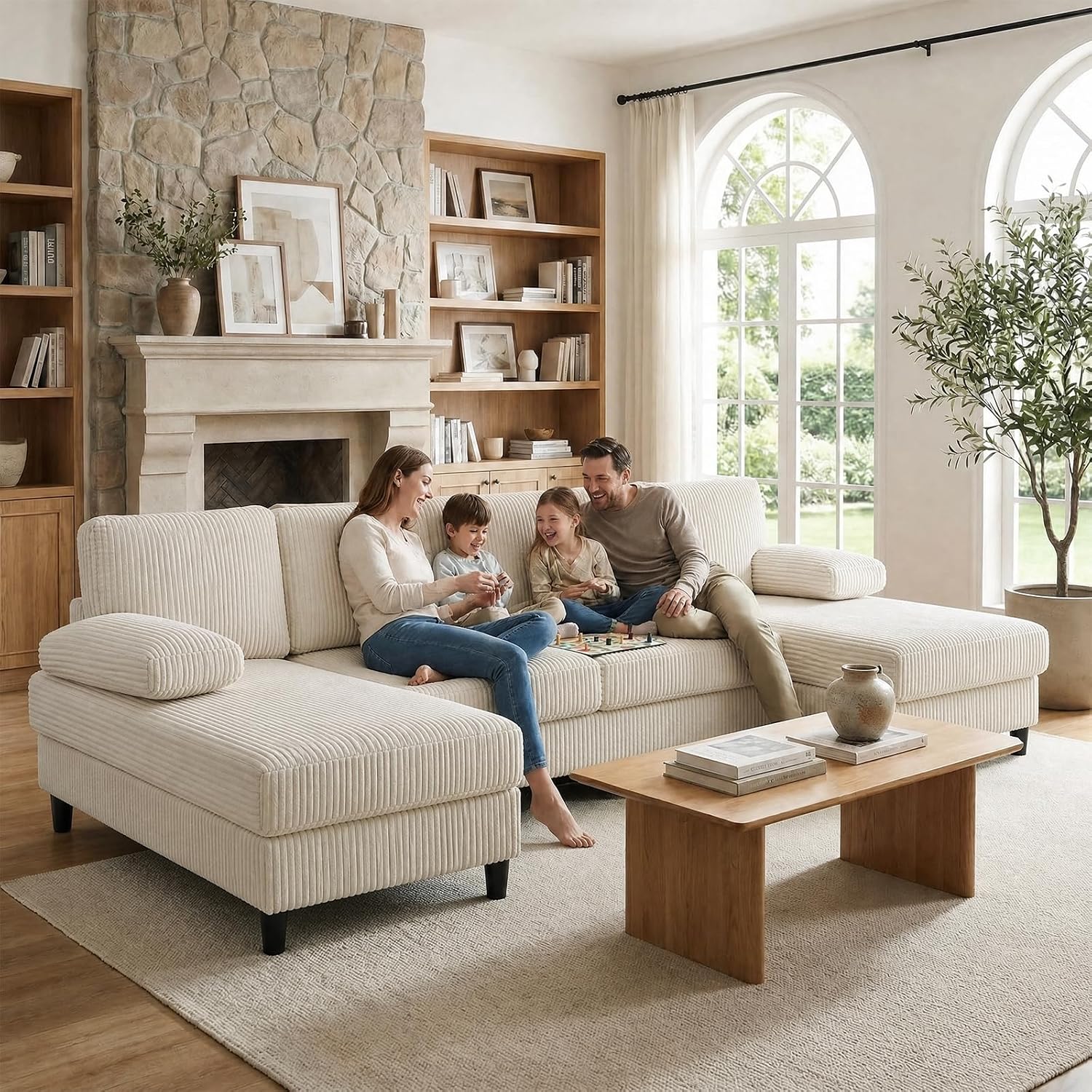 Mjkone Corduroy Oversized U Shaped Sectional Sofa Couch, Light Grey