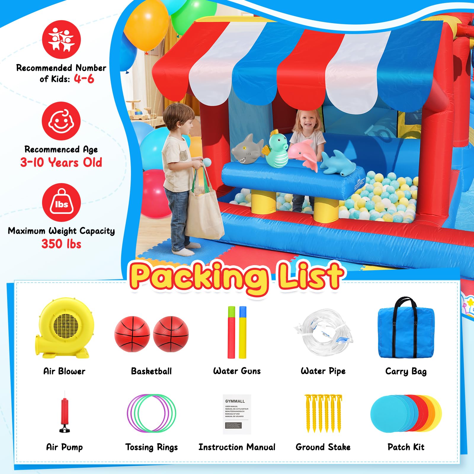 Castello Gonfiabile 10-in-1 Bambini – Supermercato Simulato, Scivolo d'Acqua, Piscinetta, Scivolo Lungo, Trampolino, Ventilatore 550W – Perfetto per Compleanni, Feste, Vacanze