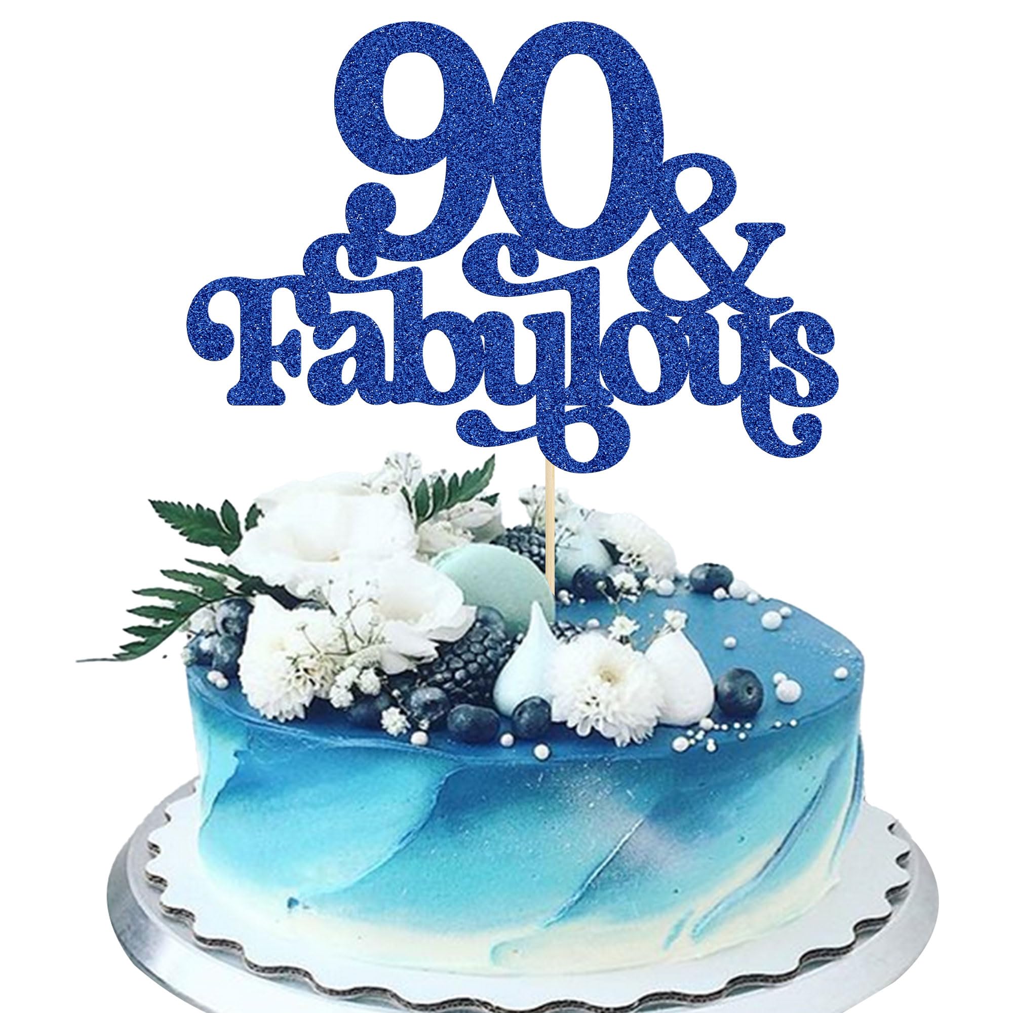 Ephlyn 1Pc 90 & Fabulous Cake Topper Glitter Ninety and Fabulous Cake Toppers Happy 90th Birthday Cake Pick for 90th Wedding Anniversary Birthday Party Decorations Supplies Blue