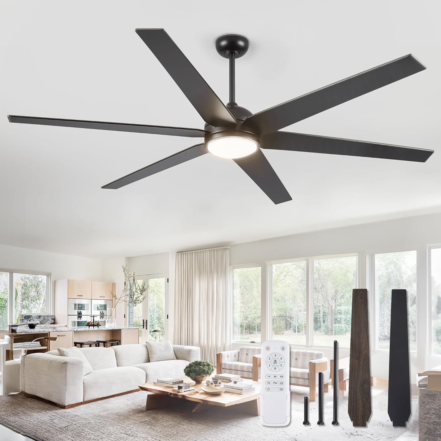 ZMISHIBO 74 Inch Ceiling Fans with Lights and Remote Control, Quiet Reversible DC Motor, 6-Speed, Outdoor Ceiling Fan for Living Room Patio, Black Walnut Finish