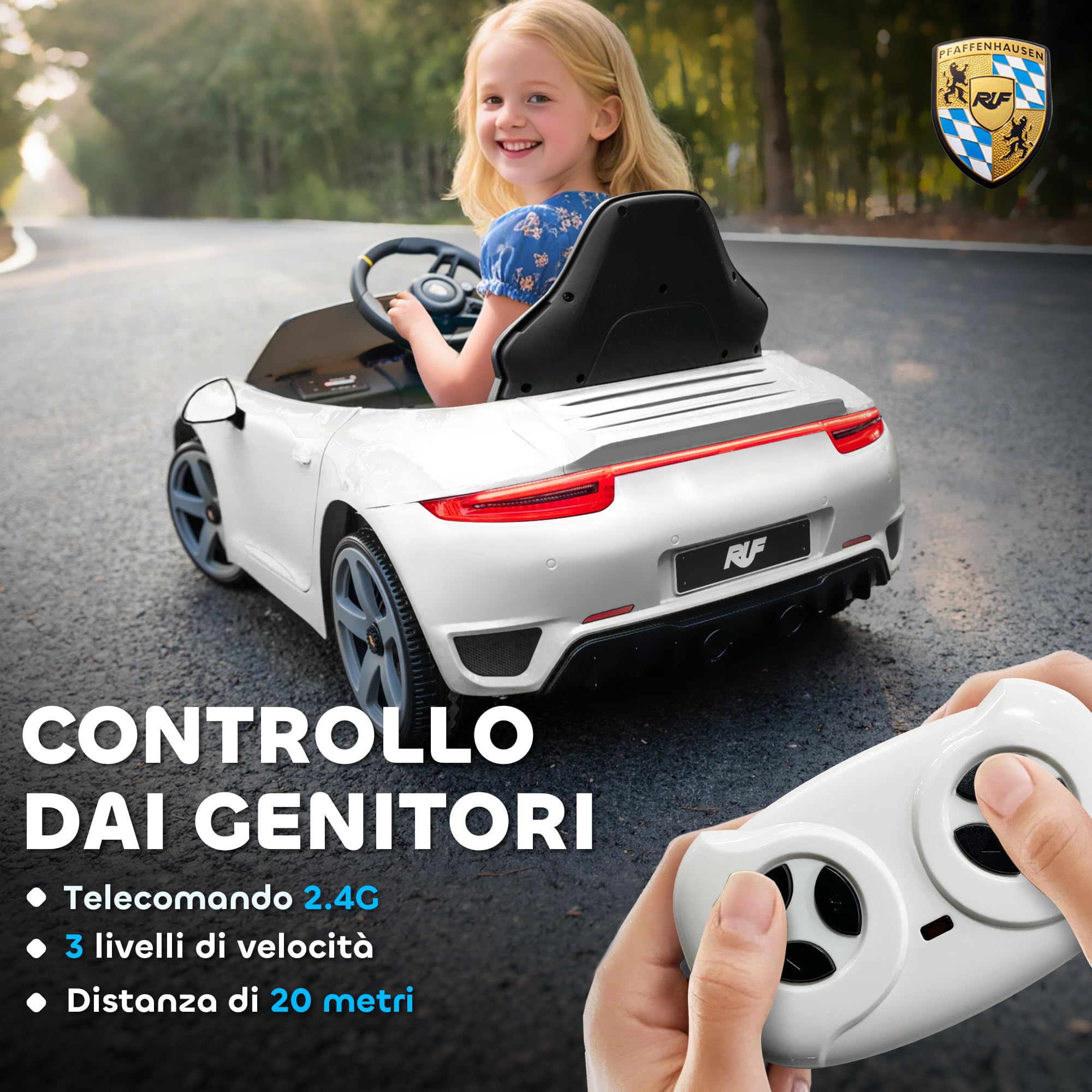 AIYAPLAY Macchina Elettrica per Bambini 3-5 Anni Licenza RUF GT Bianco | Auto Elettrica per Bambini, con Telecomando, Avvio Lento, Cintura di Sicurezza, Luci, Musica e USB