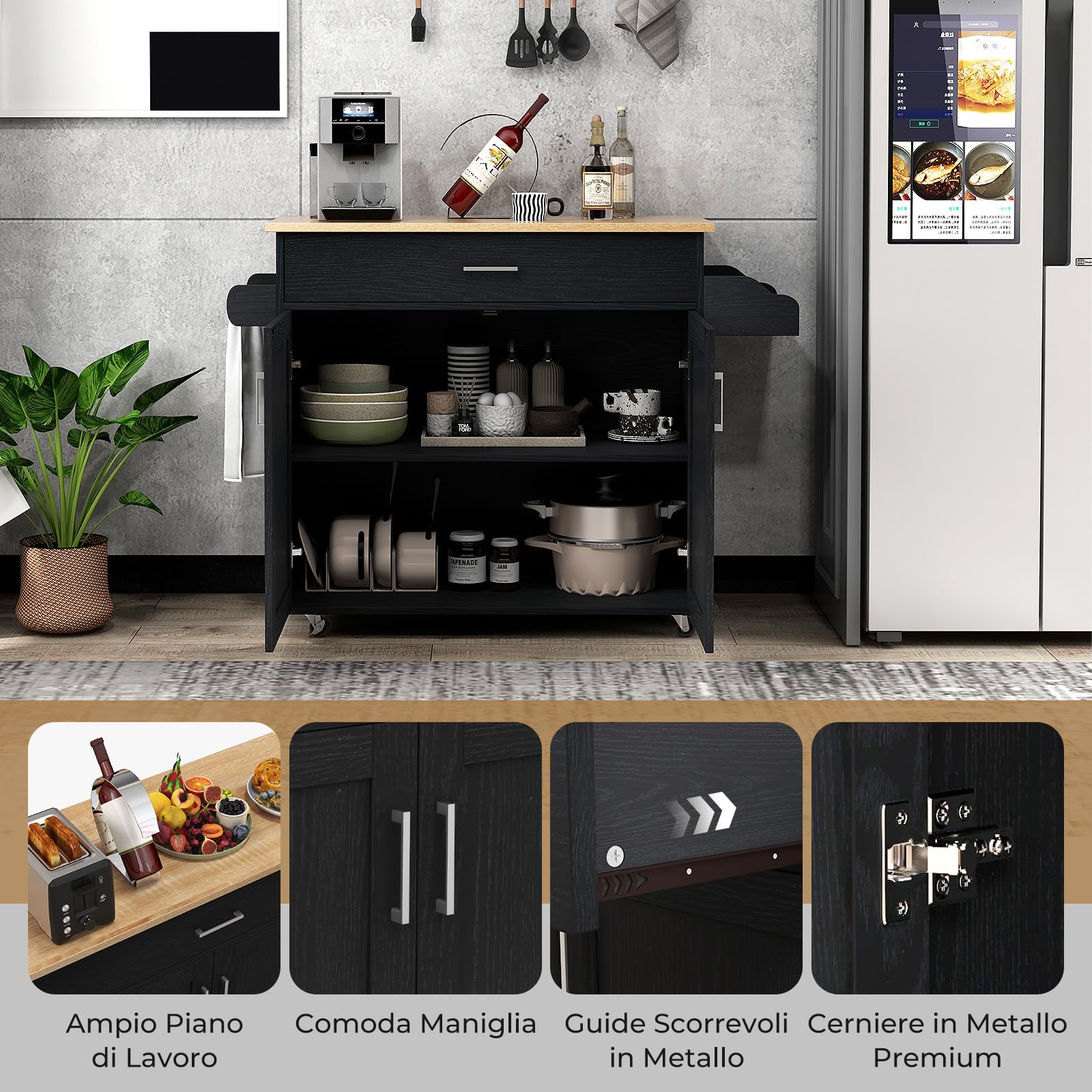 RELAX4LIFE Carro de cocina grande portaobjetos con ruedas deslizantes con frenos de pedales, carro de servicio de madera barnizada con armario y cajones espaciosos, 136 x 76 x 91 cm (negro) (negro)