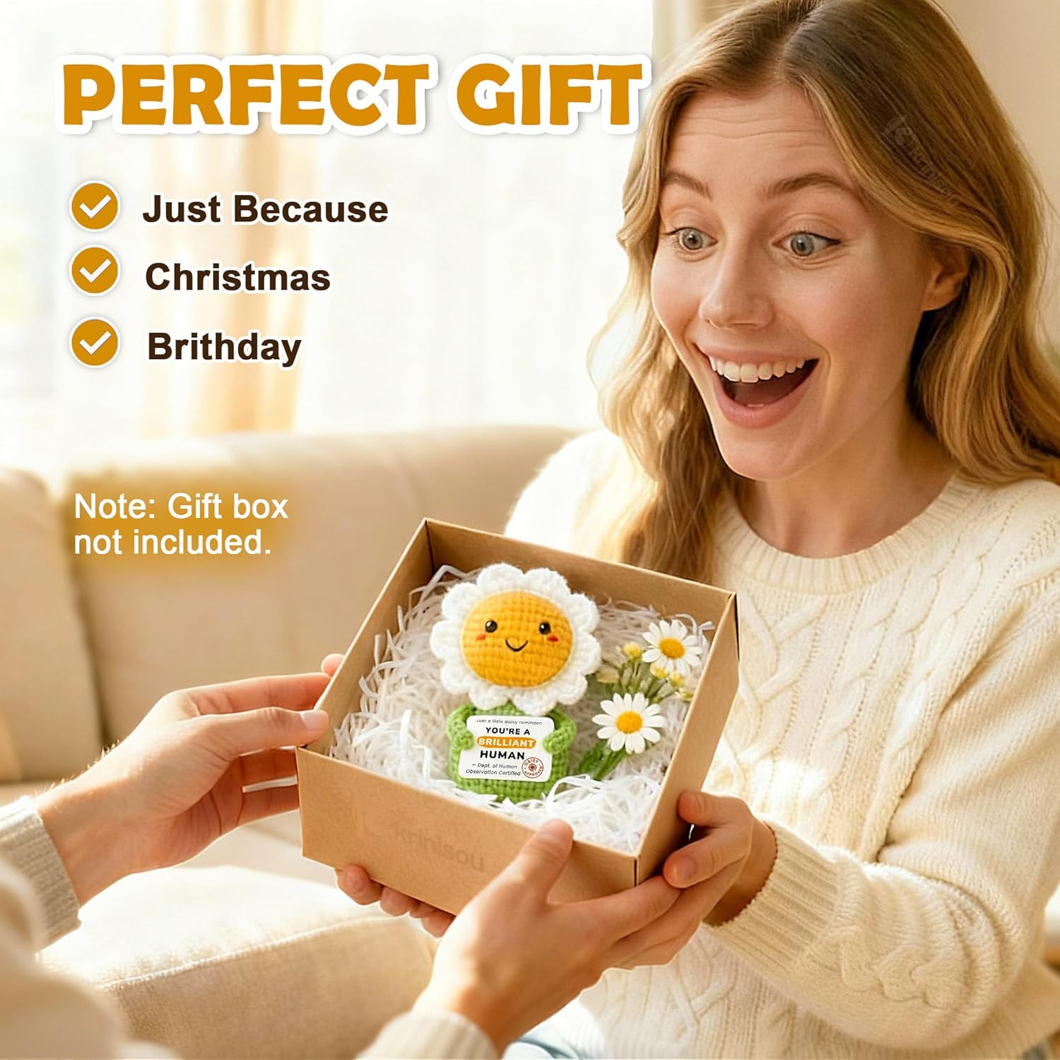 Positive Animals Crochet Daisy Gift for Women – Cute Flower Decor, Small Pick-Me-Up Thinking of You Encouragement Present for Friends or Coworkers - Image 6