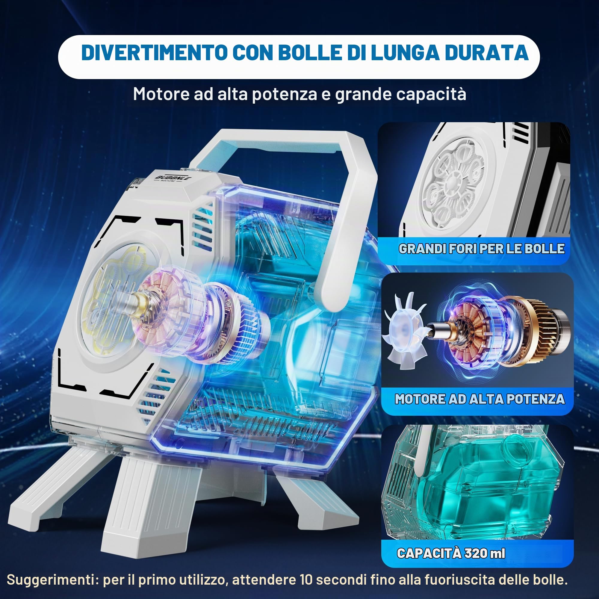 Belemar - Macchina per Bolle per Bambini con Luci, 6 Grandi Fori per Bolle, Fino a 15.000 Bolle/Min, Serbatoio Grande da 320ml, Soffiatore per Bolle Portatile A Batteria per Bambini Piccoli, Feste di