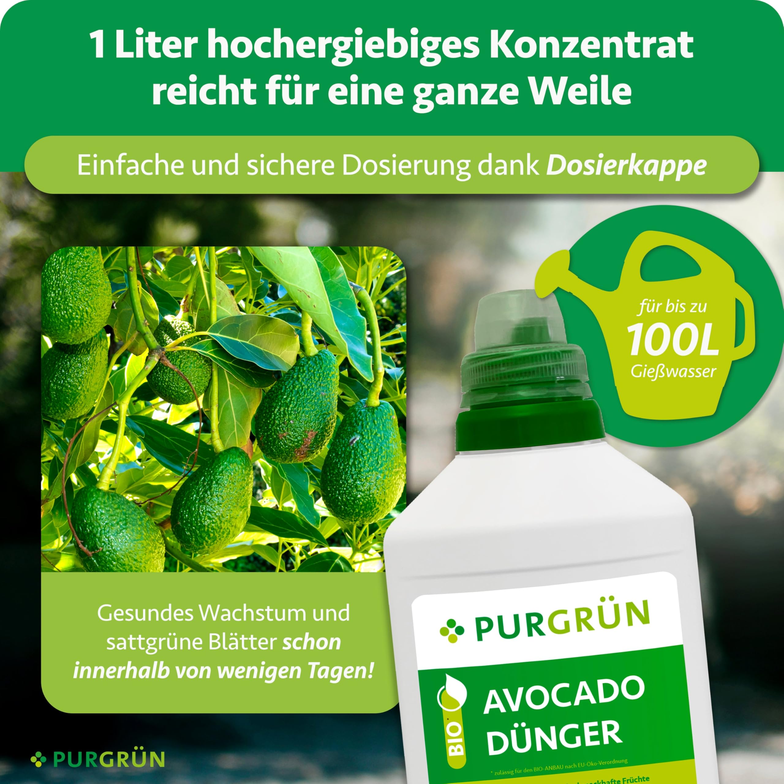 Bio-Avocado-Dünger 1 Liter – Organische Rezeptur – Premium-Flüssigdünger – NPK 4+1+7 – Mit Algenextrakt & Vinasse – Extra Kalium für prächtige Avocados – Ohne tierische Inhaltsstoffe