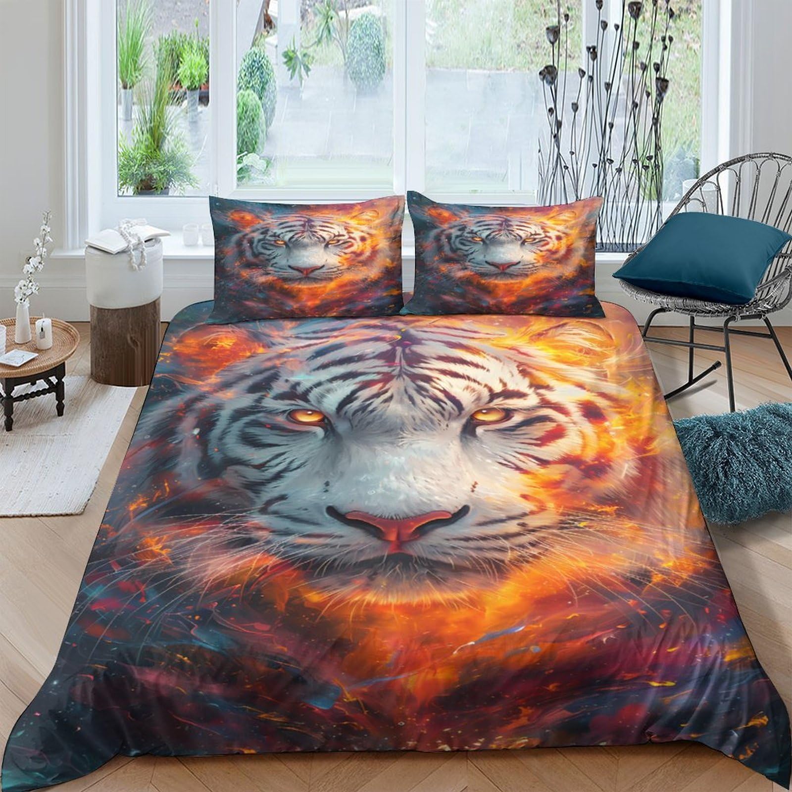 Ctjqhvkz Style-1 3D Printed Fire Tiger Fitted Sheet Microfiber Soft Orange Animal Mattress Cover For Bedroom Dorm Protection Decor Single（135X200cm）