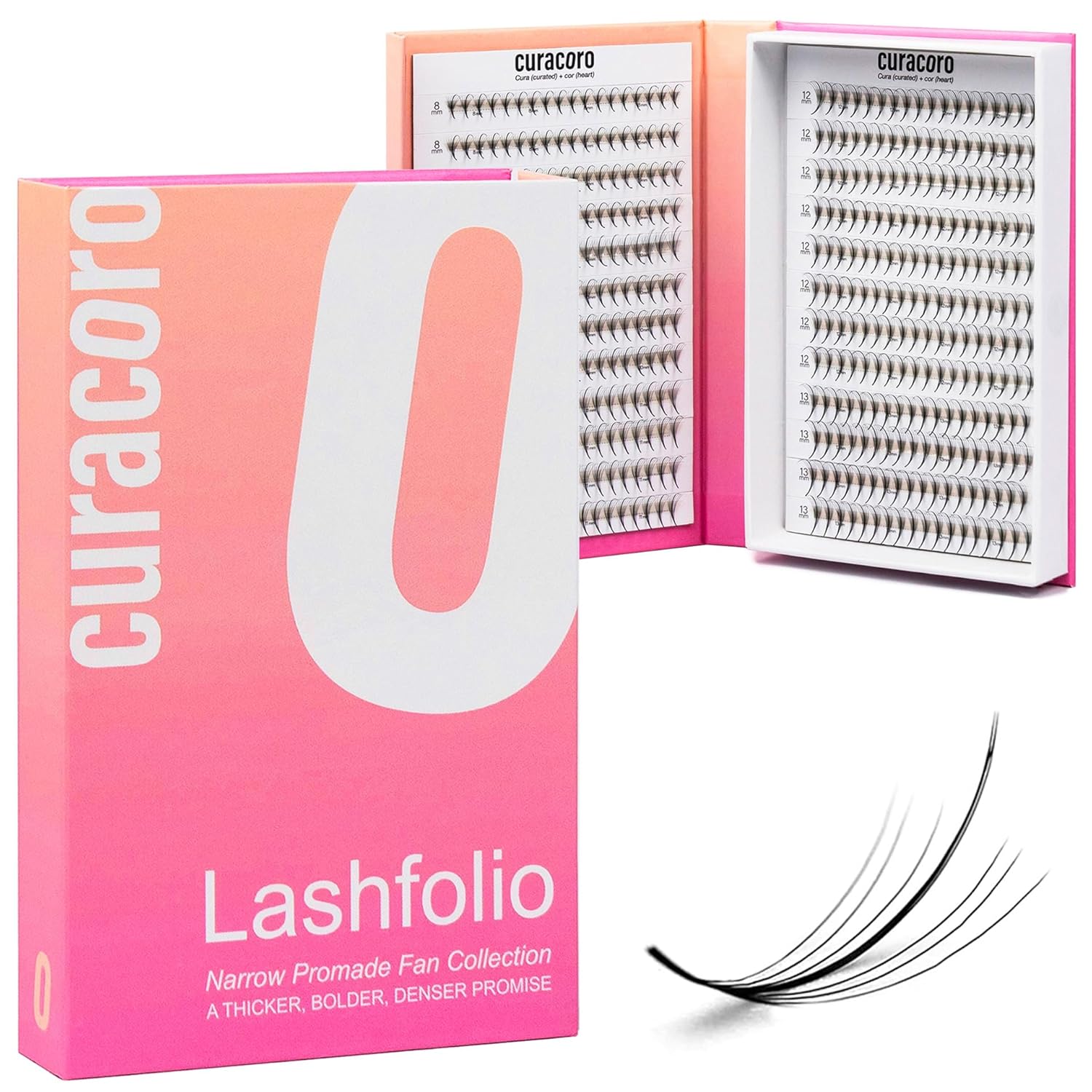 Curacoro LashFolio Narrow Wispy Fans, Handmade Volume Eyelashes, 5D To 10D, C CC D Curl, 0.03~0.07 mm, 8-13mm Mix Length, Professional Long-Lasting Promade Lash Fans (7D-0.05 C 8mm-13mm)