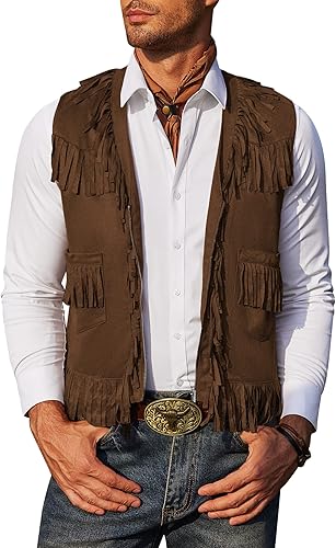 COOFANDY Chaleco vaquero occidental para hombre, casual, con flecos, hippie, cuello en V, cremallera, chaleco de cuero de gamuza