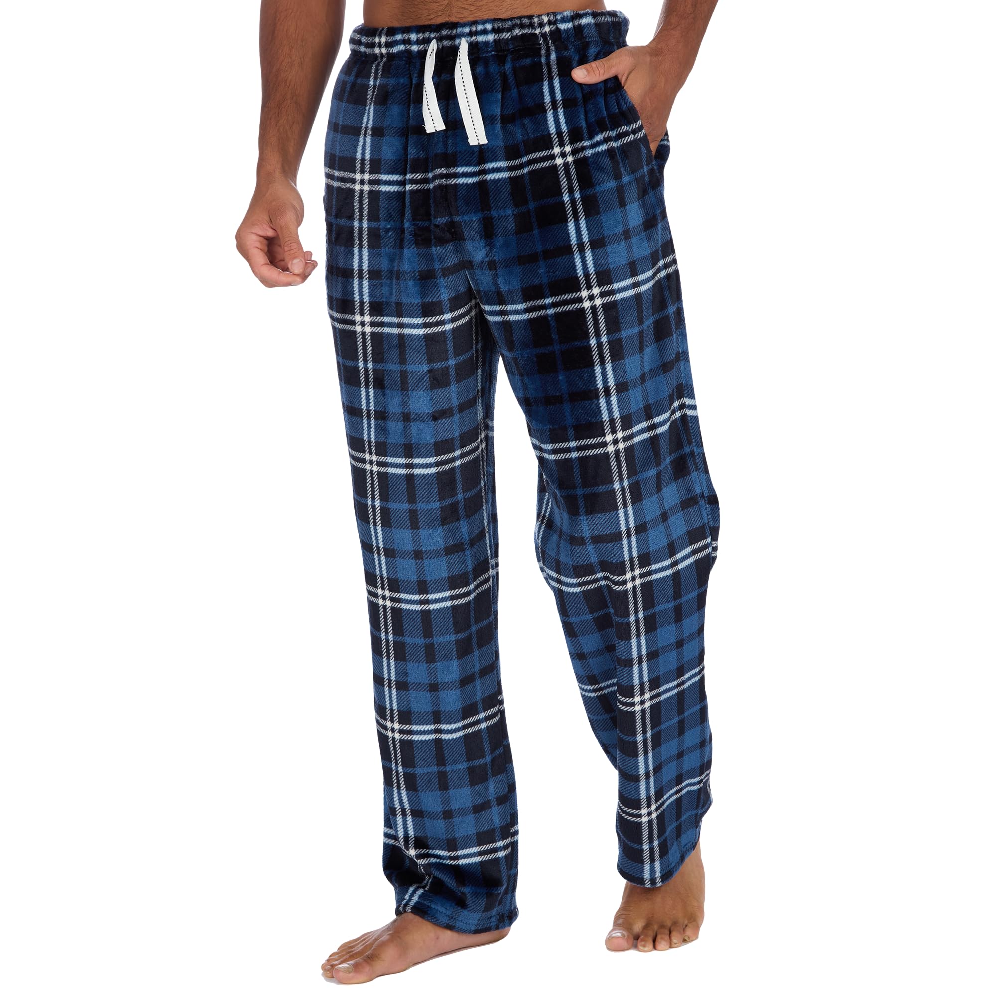 Metzuyan Mens Flannel Fleece Lounge Set Checked Pyjama Set Full Length Top and Bottoms Twoise Denim Check Size Large
