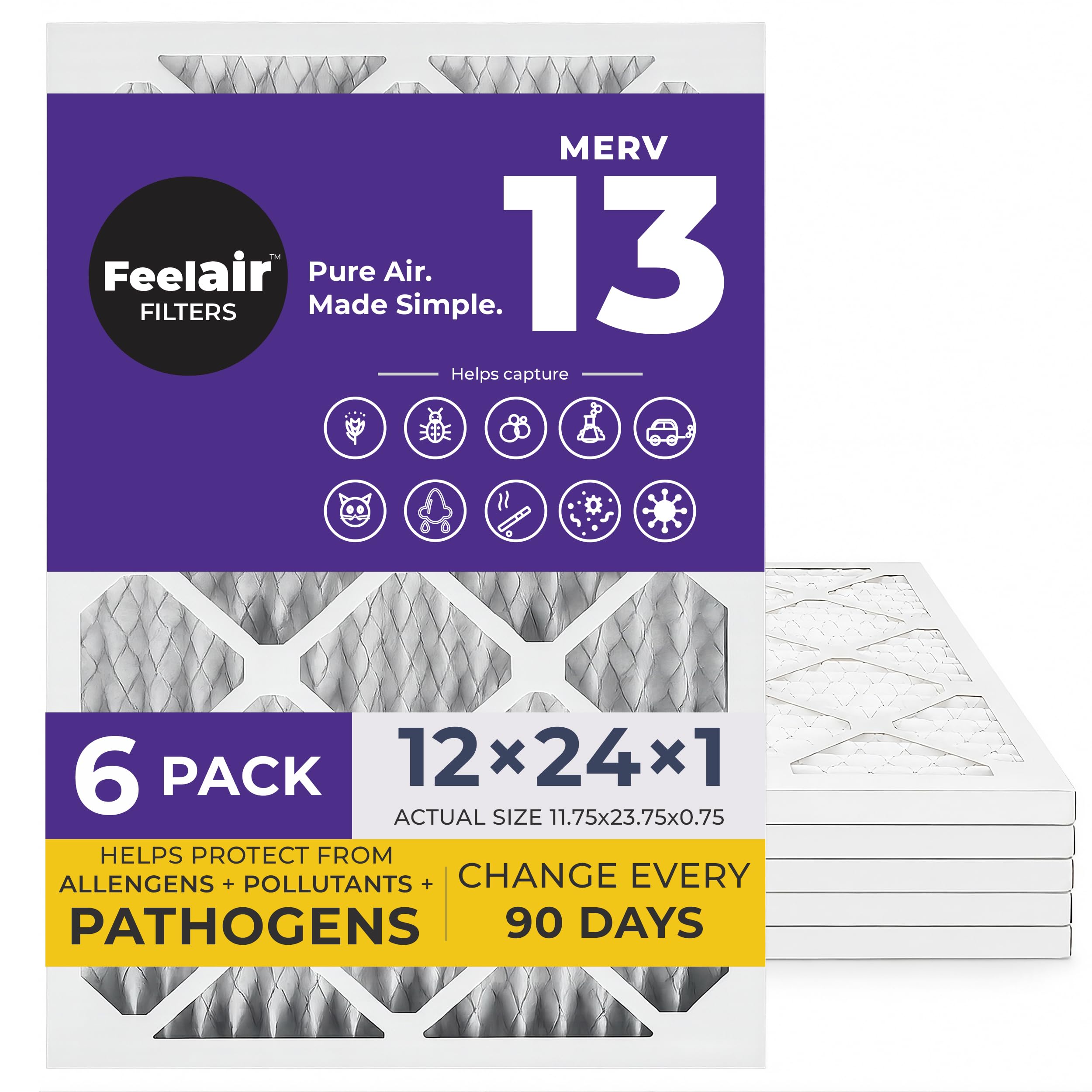 Feelair 12x24x1 Air Filter, Merv 13, 6 Pack, For Home AC Furnace & HVAC (Actual Size 11.75"x23.75"x0.75") DUST, Pet, & Allergy Control