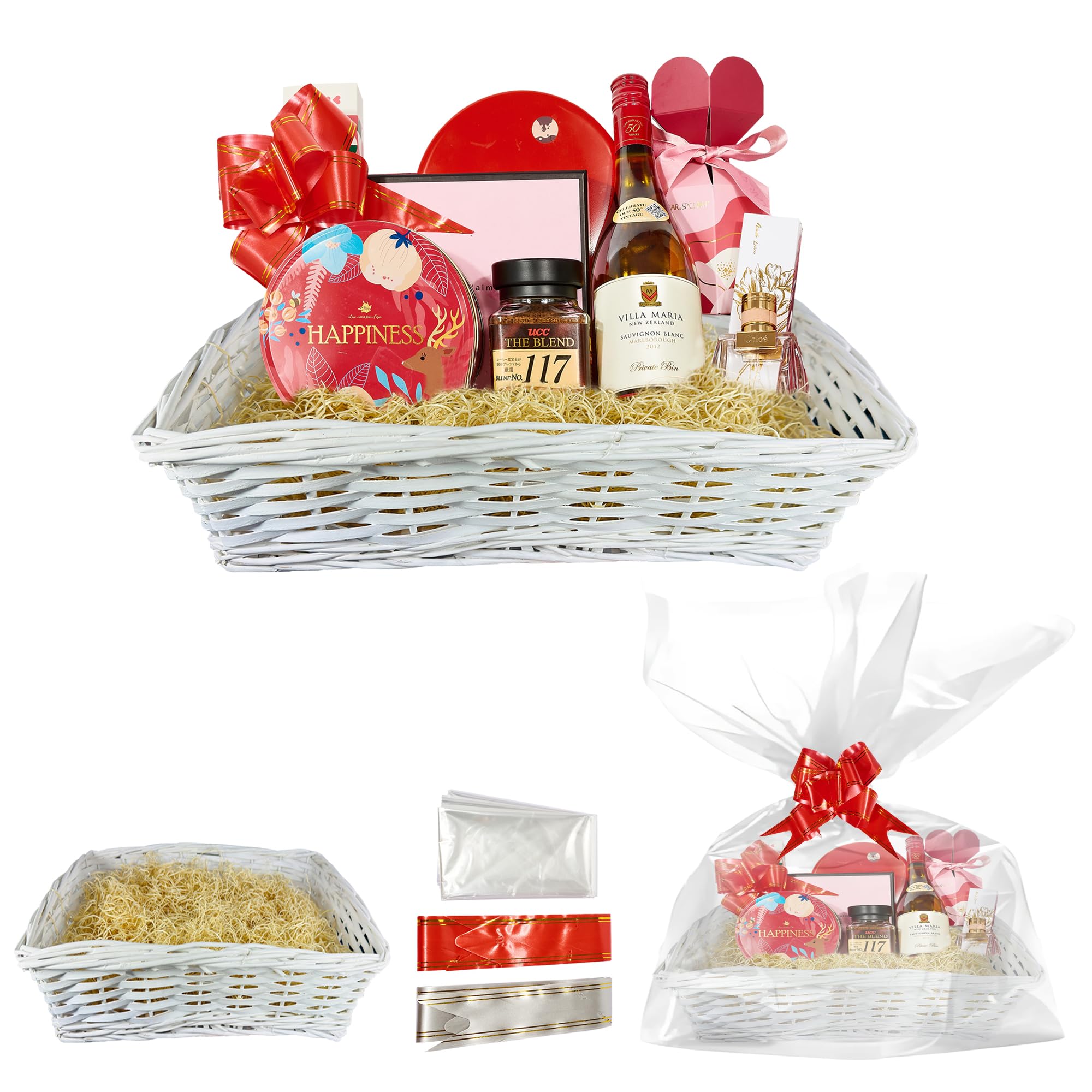 ADEPTNA Premium Wicker Gift Hamper Create your Own Festive Present – Includes Smooth Rectangle Basket Ribbon Wood Wool and Cellophane Beg (WHITE)