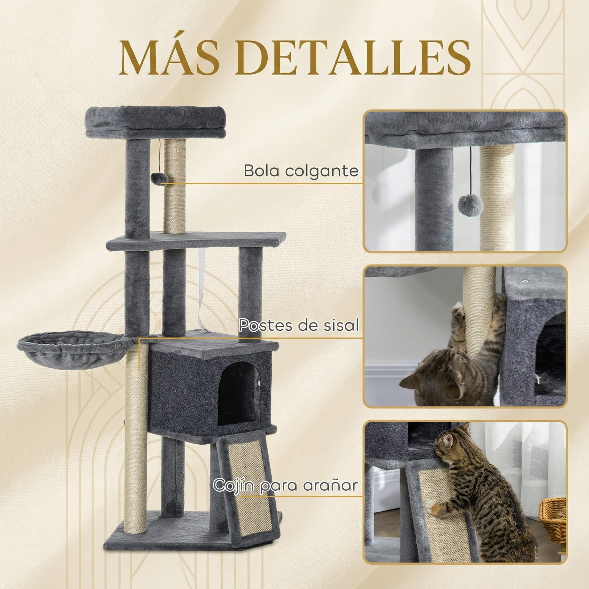 PawHut Árbol Rascador para Gatos 127 cm con Cueva, Hamaca y Cama Gris | Torre para Gatos, Plataformas, Rampa de Sisal, Bola Suspendida
