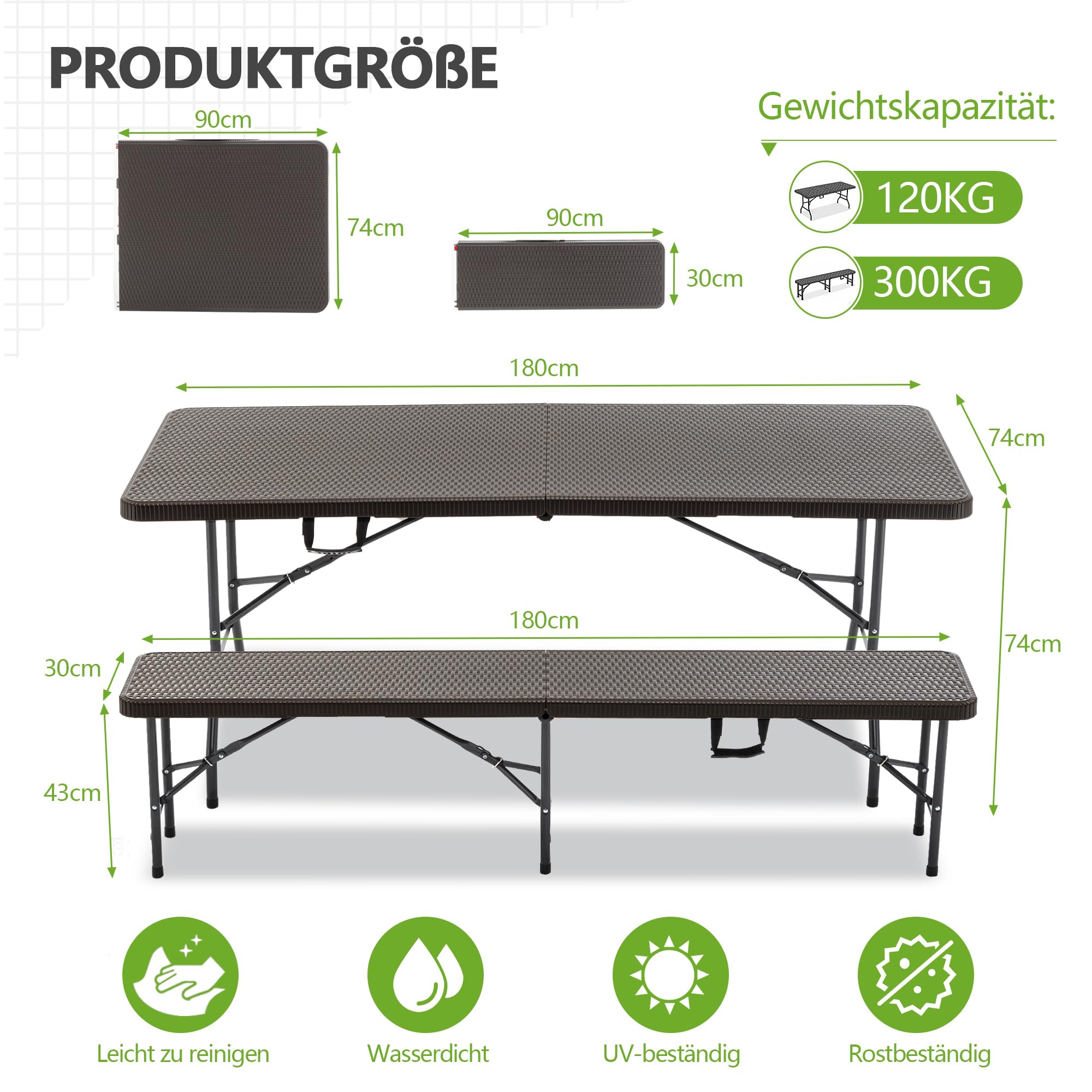 Bierzeltgarnitur Klappbar 180cm, Biertischgarnitur mit 2 Bierbank, Biergartengarnitur, Gartenmöbel Set, Balkontisch, Stabil, Wetterfest Campingtisch (Braun)
