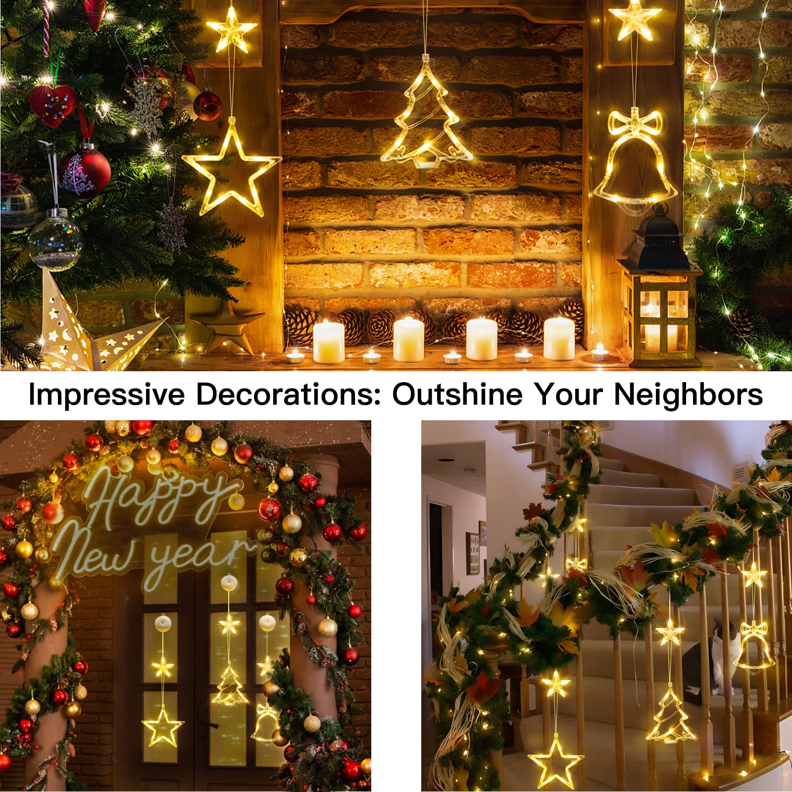 suddus Lot de 3 guirlandes lumineuses de Noël en forme de clochette et d'étoile, alimentées par piles avec ventouses et minuterie, guirlande lumineuse à suspendre pour arbre, cheminée, blanc chaud