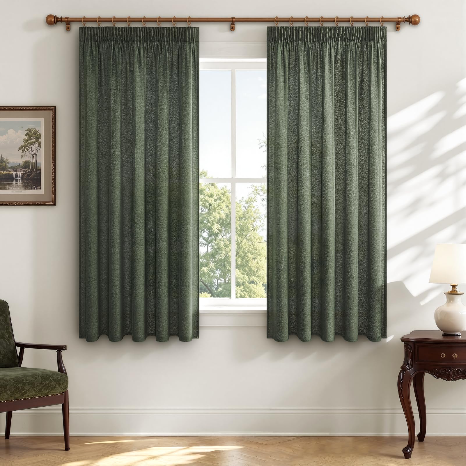 MRTREES Linen Curtains with Ruffle Tape, Semi-Transparent Curtain, Short Window, Set of 2, 145 cm Long, 140 cm Wide, Olive Green, Country House Style for Kitchen, Living Room, Bedroom — image 1