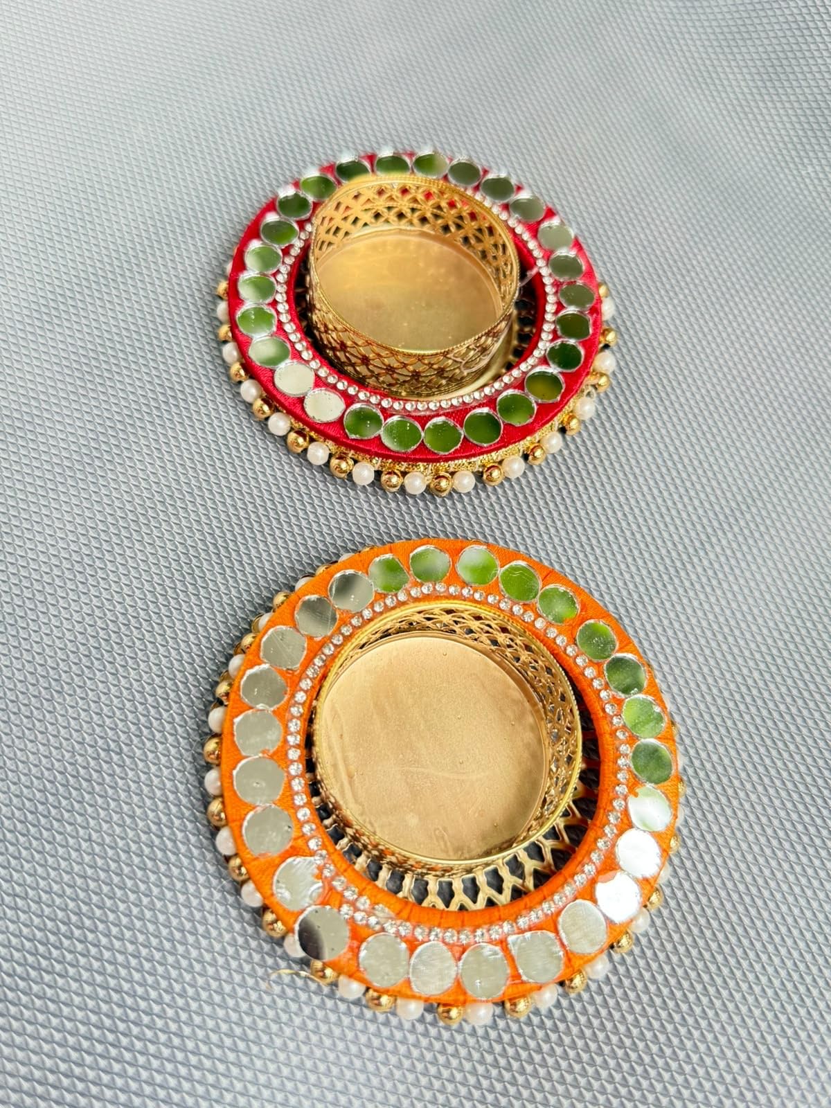 Handcrafted Tea Light Candle Holder with Mirror Work (Pack of 2) | Threadwork Embellishment, Pearl Accents, Golden Detailing, Festive Décor, Reusable-image-38