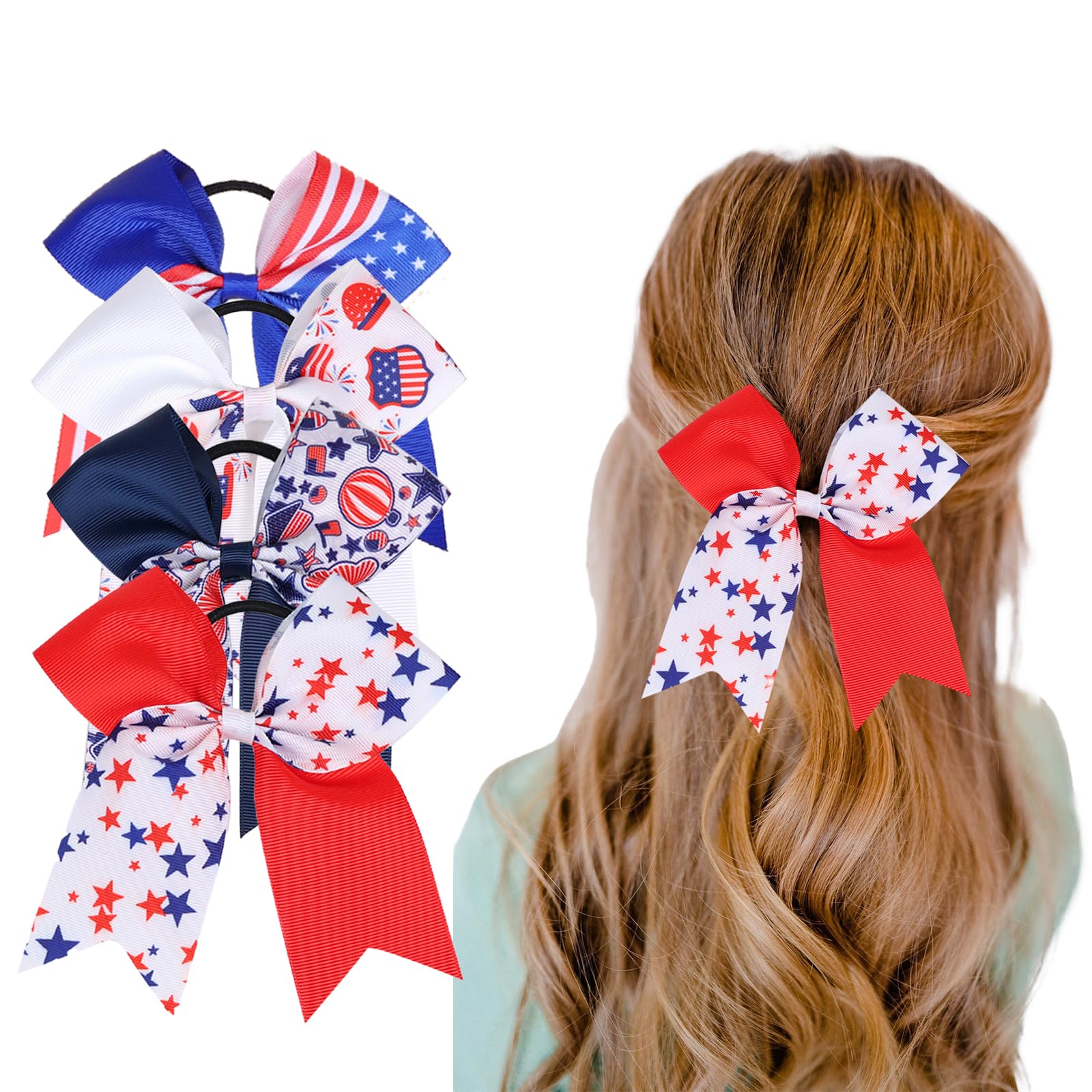 Comelodiant 4th of July Hair Bow Accessories Patriotic Red White Blue Bow Tie Independence Day Elastic Srunchies Hoops for Women Girls Fourth of July Memorial Day Hair Accessories,4 pack