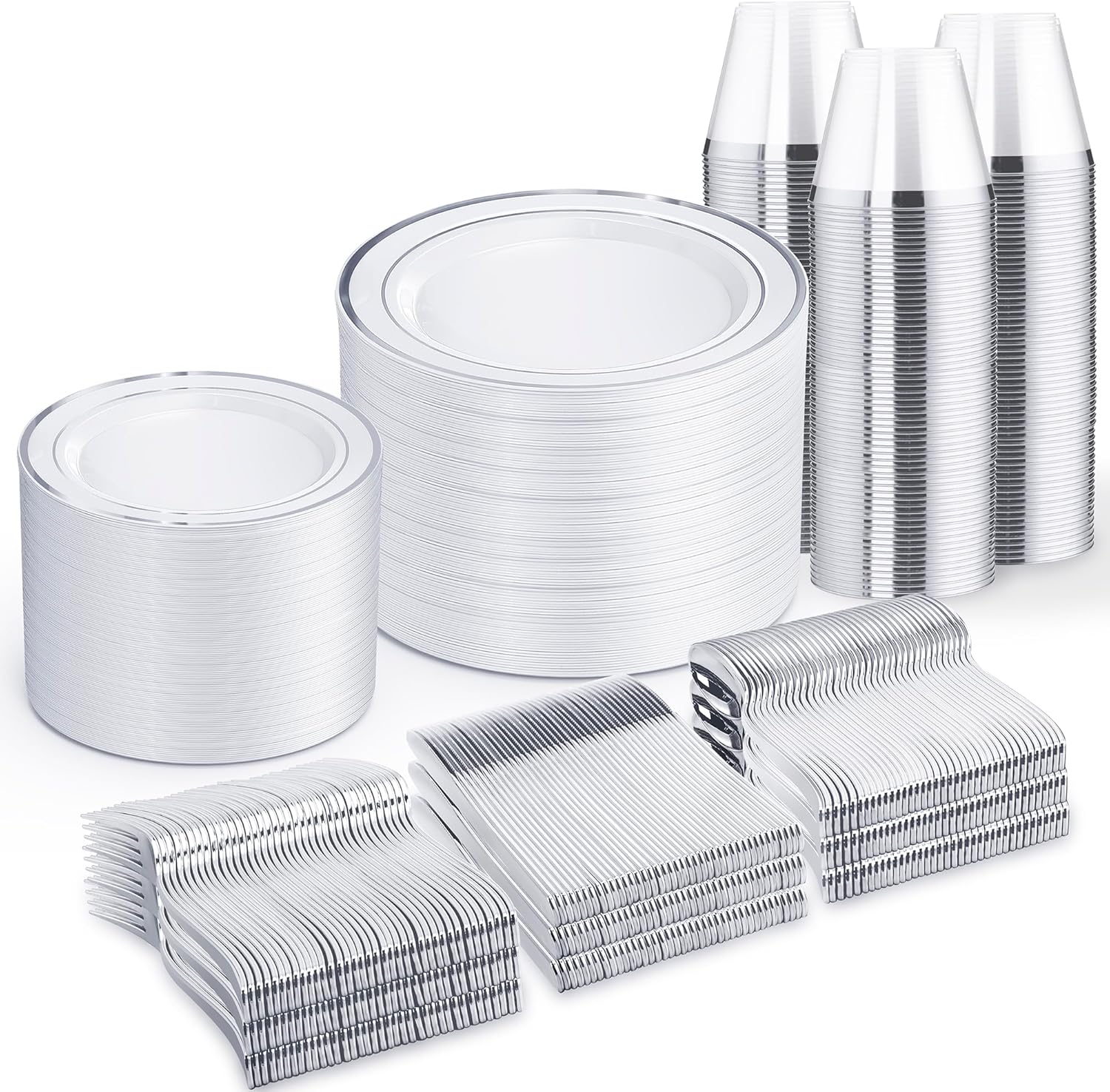 WELLIFE 600 PCS Silver Disposable Dinnerware Set for 100 Guests, Silver Plastic Plates for Party, Including 100 Dinner Plates, 100 Salad Plates,100 Cups Forks Knives Spoons for Wedding Party Supplies 100 Guests Silver