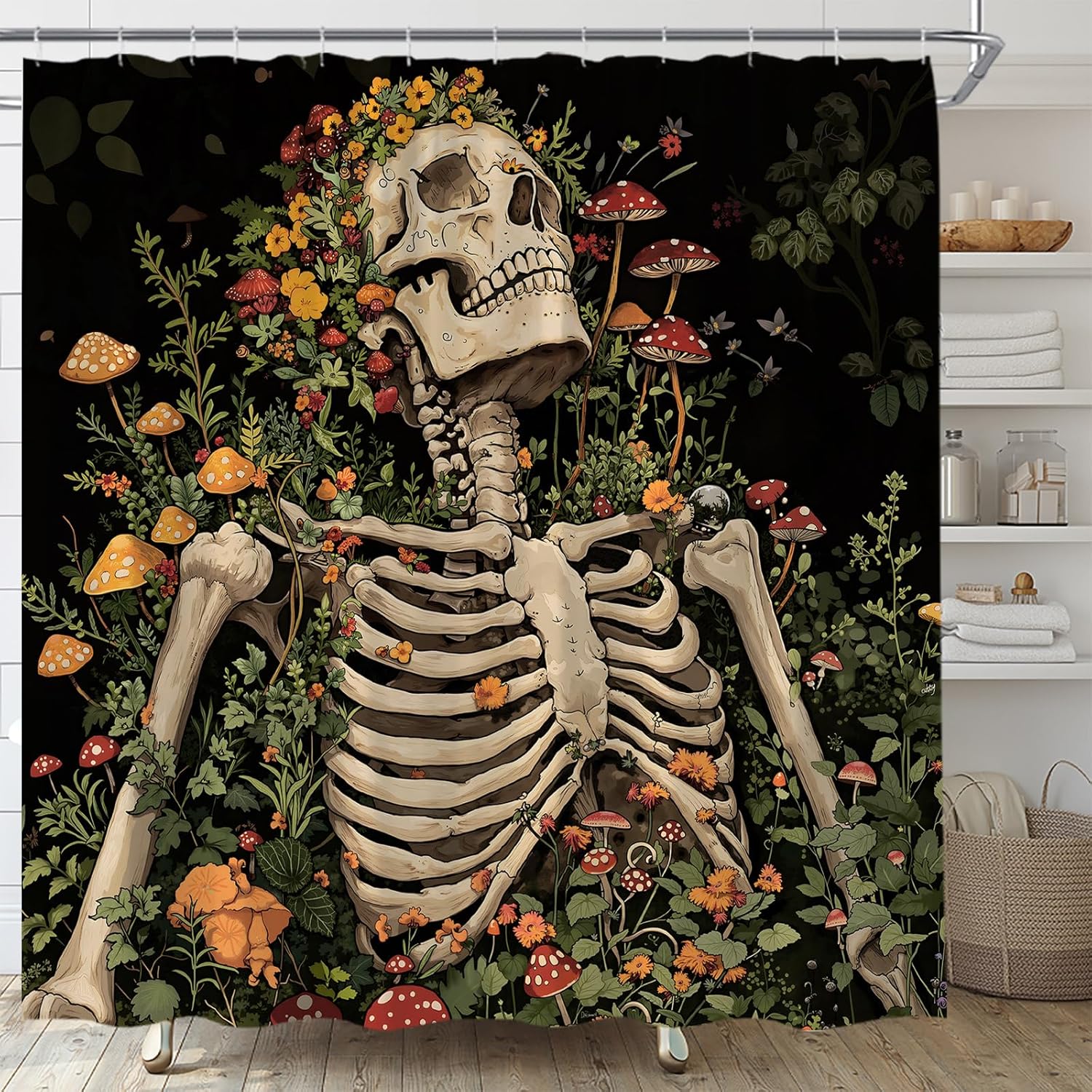 Sugar Skull Floral Shower Curtain Gothic Spooky Halloween Floral Skeleton Plant Vintage Mystical Home Fabric Bathroom Decor Set Include Hooks,(70" Wx74.8 H)