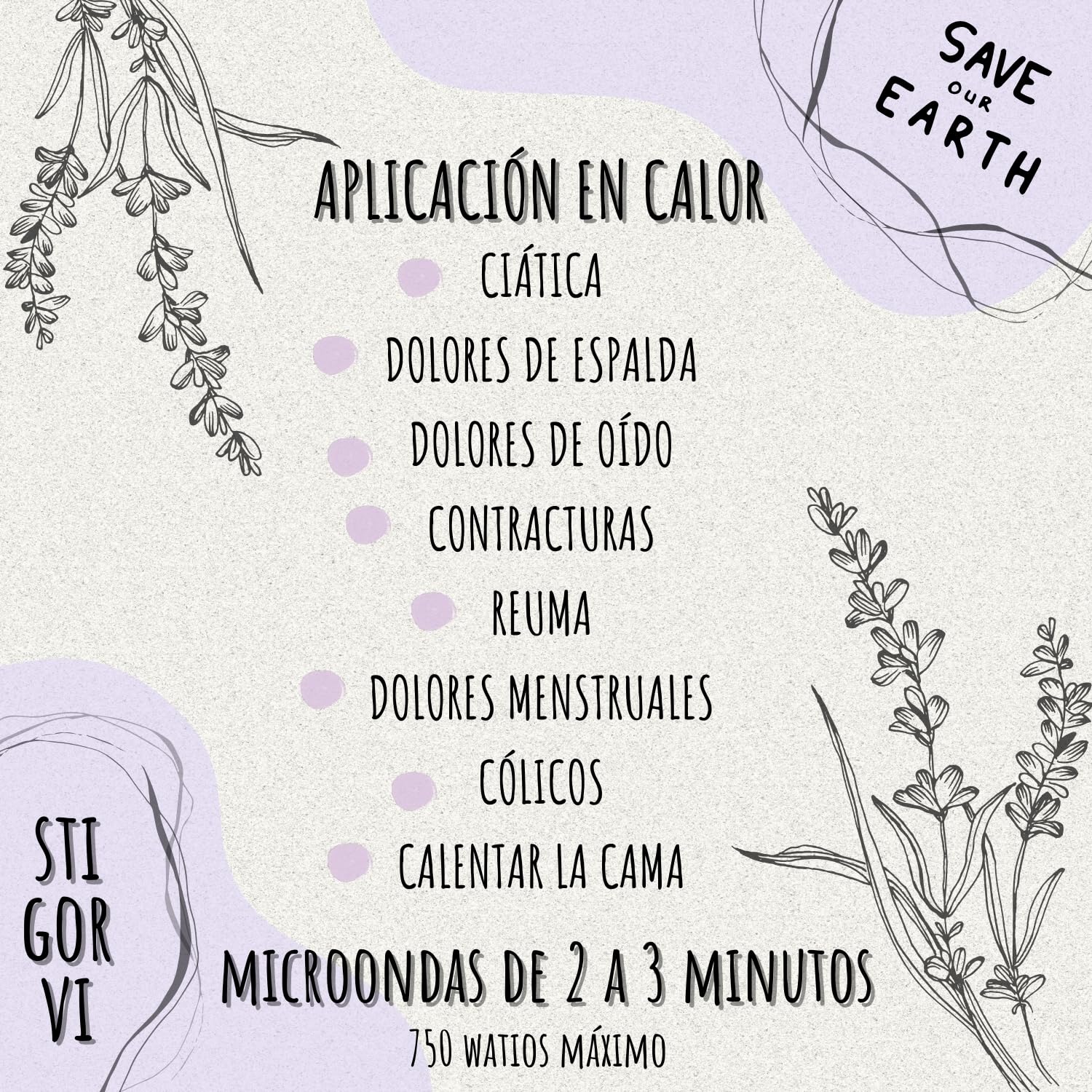 Saco de semillas para microondas con funda lavable- Saco térmico para microondas - Cojín microondas (13cmx31cm) - Hecha a mano en España - 100% artesanal de semillas naturales lavanda