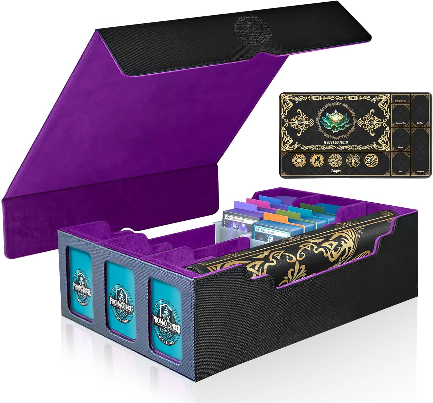 PROMAXIBINDER MTG Trading Card Storage Box with Playmat Fits 3000+ Cards, 3-Row Commander Deck Case, 3 Display Windows, 6 Movable Partitions, 24 Dividers, for Magic/TCG/YuGiOh/Sport (Black&Purple)