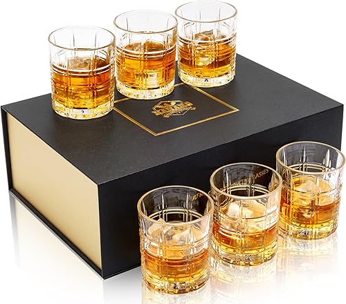 KANARS Vasos de whisky de cristal, juego de 6 vasos de rocas de alta calidad en elegante caja de regalo, vasos de vidrio de 10 onzas para bourbon,