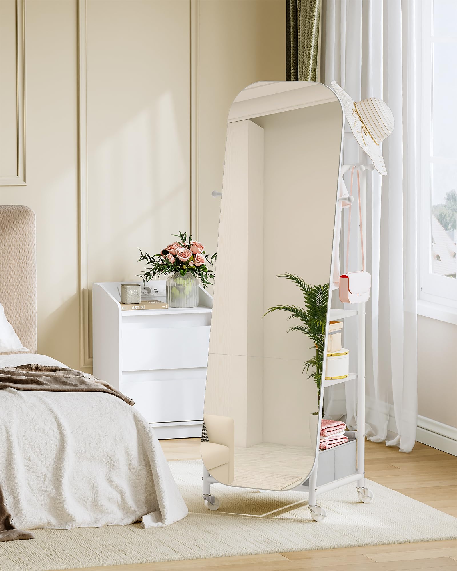Miroir sur pied avec Porte-Manteau 50x165,8 cm Roues Pivotantes 360° Blanc