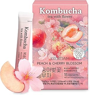 KKOKDAM Kombucha Tea - Peach & Cherryblossom Korean Tea - Kombucha Drinks Probiotic Support, Low Calorie, Sugar Free Kombucha Pack - 15 Packs