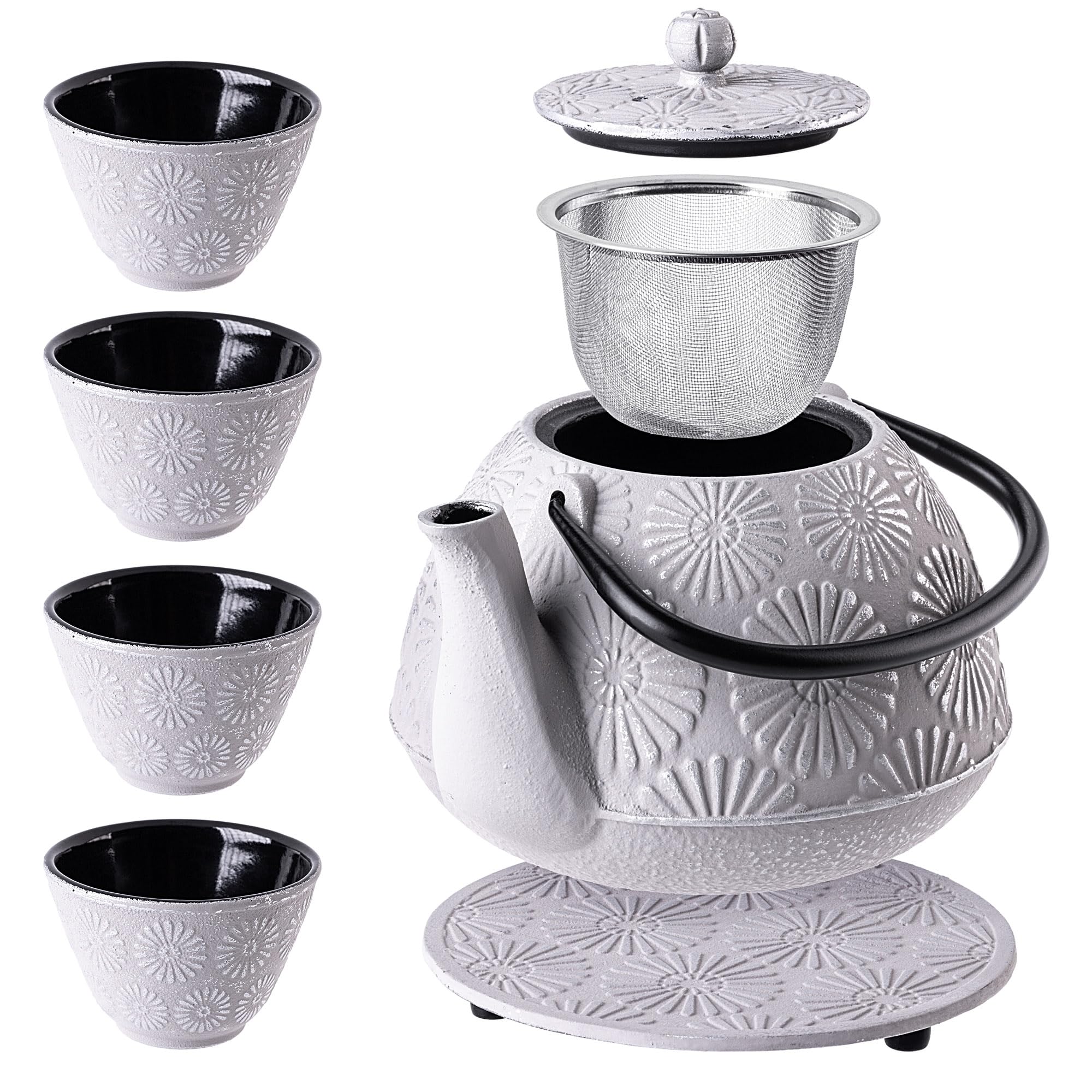 KADAX Tetera japonesa de 1,1 L con 4 tazas de té para té suelto, juego de té japonés de hierro fundido, tetera de hierro fundido con colador, tapa, asa y posavasos (gris)